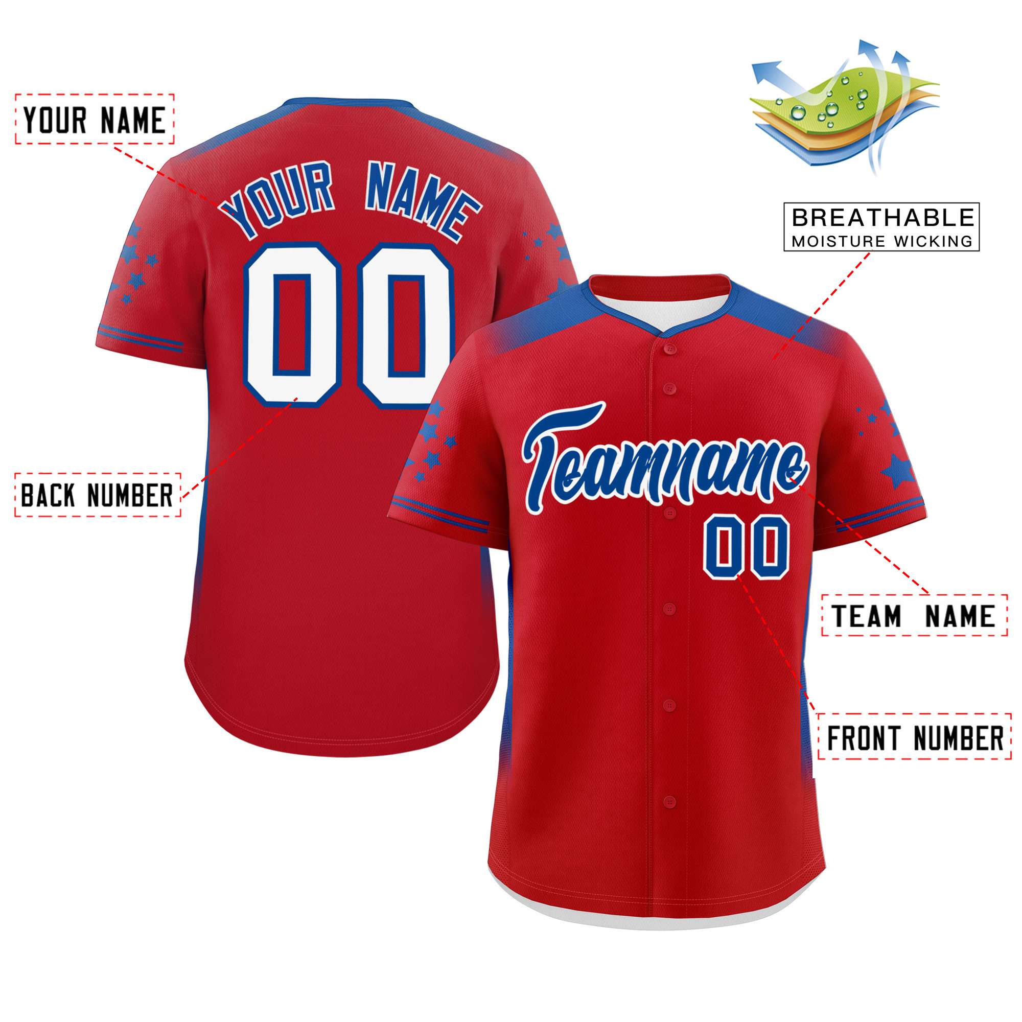 Custom Red Royal Gradient Side Personalized Star Pattern Authentic Baseball Jersey