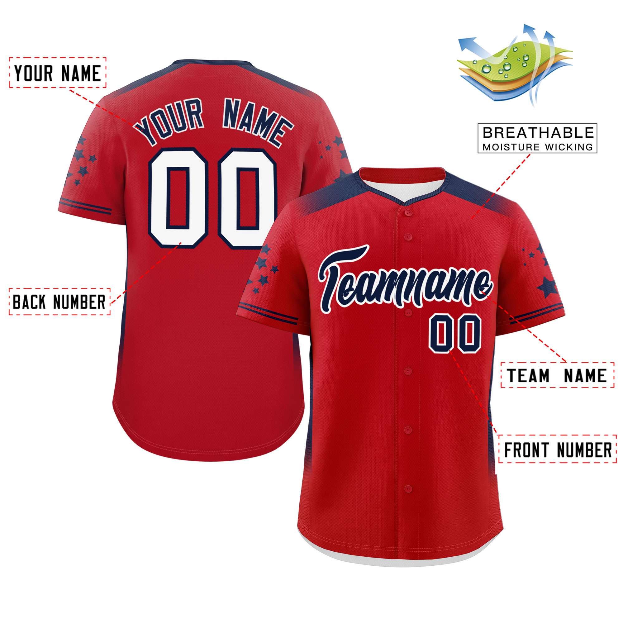 Custom Red Navy Gradient Side Personalized Star Pattern Authentic Baseball Jersey