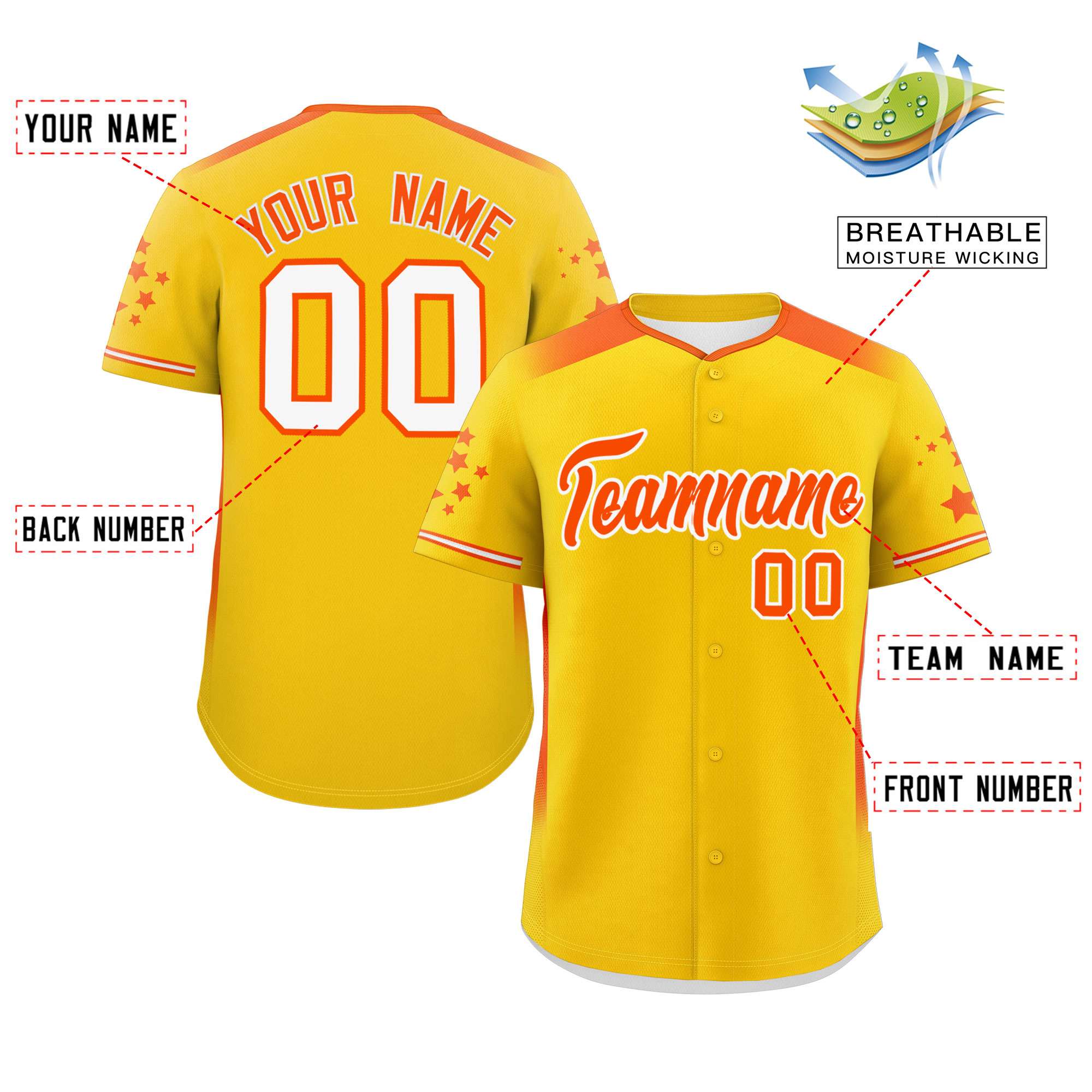 Custom Gold Orange Gradient Side Personalized Star Pattern Authentic Baseball Jersey