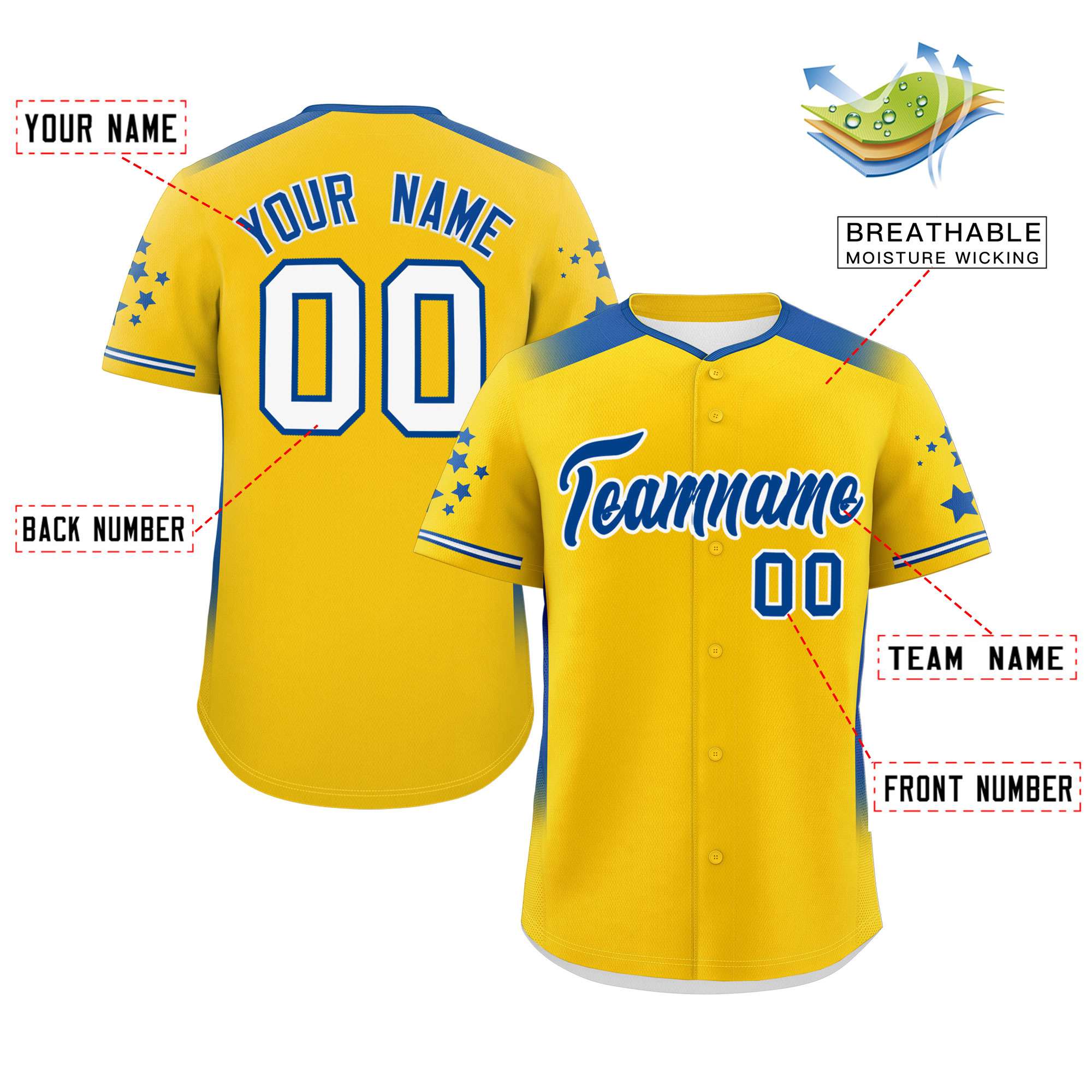 Custom Gold Royal Gradient Side Personalized Star Pattern Authentic Baseball Jersey