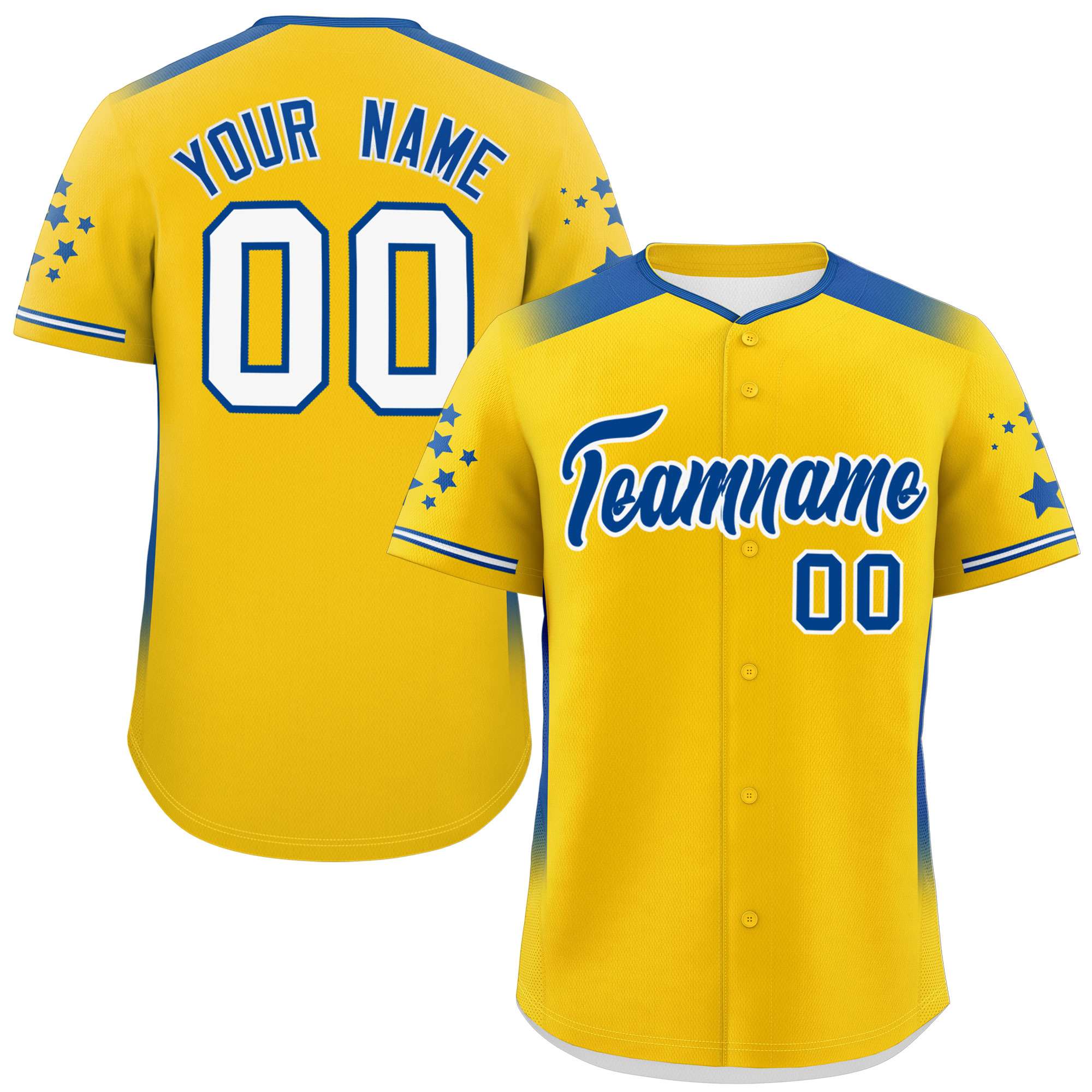 Custom Gold Royal Gradient Side Personalized Star Pattern Authentic Baseball Jersey