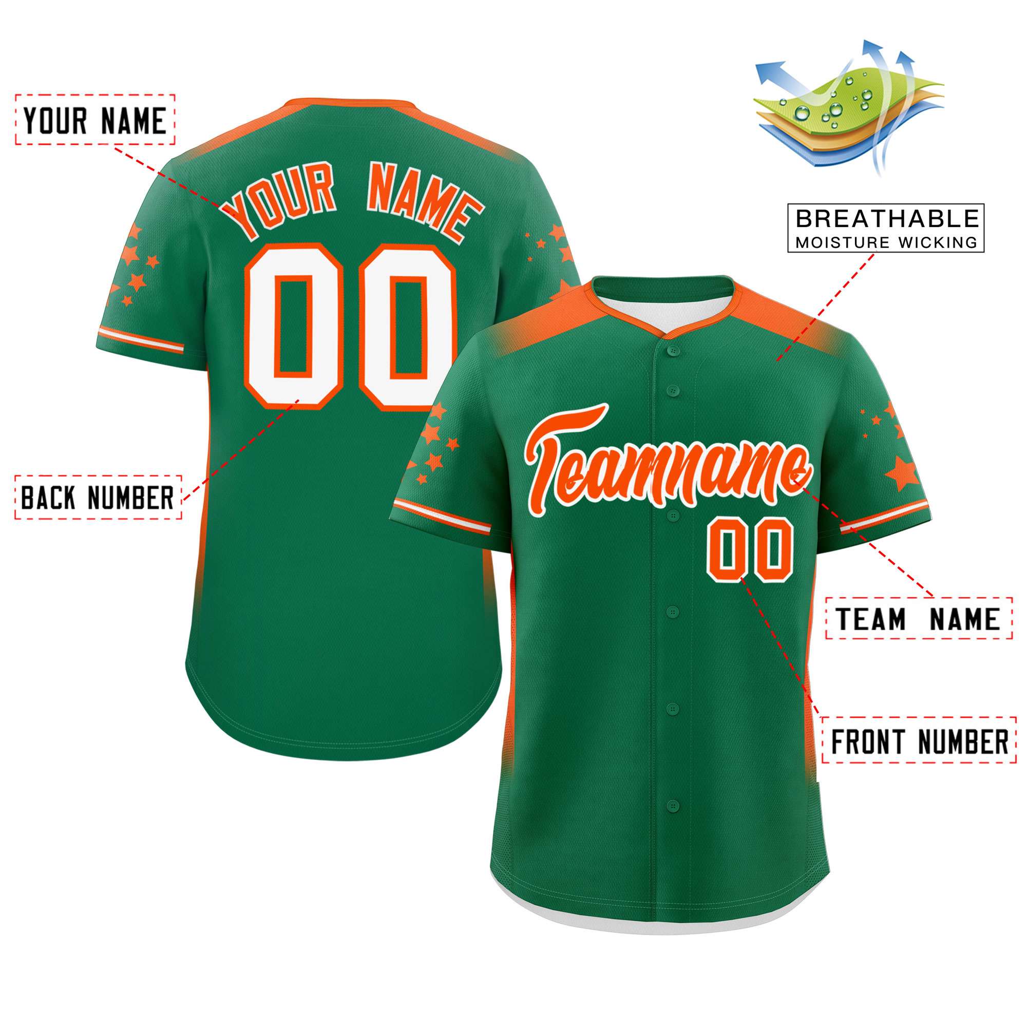 Custom Kelly Green Orange Gradient Side Personalized Star Pattern Authentic Baseball Jersey