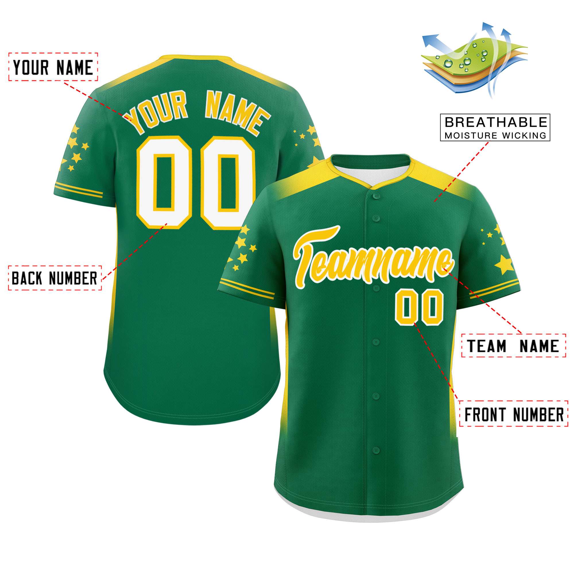 Custom Kelly Green Gold Gradient Side Personalized Star Pattern Authentic Baseball Jersey