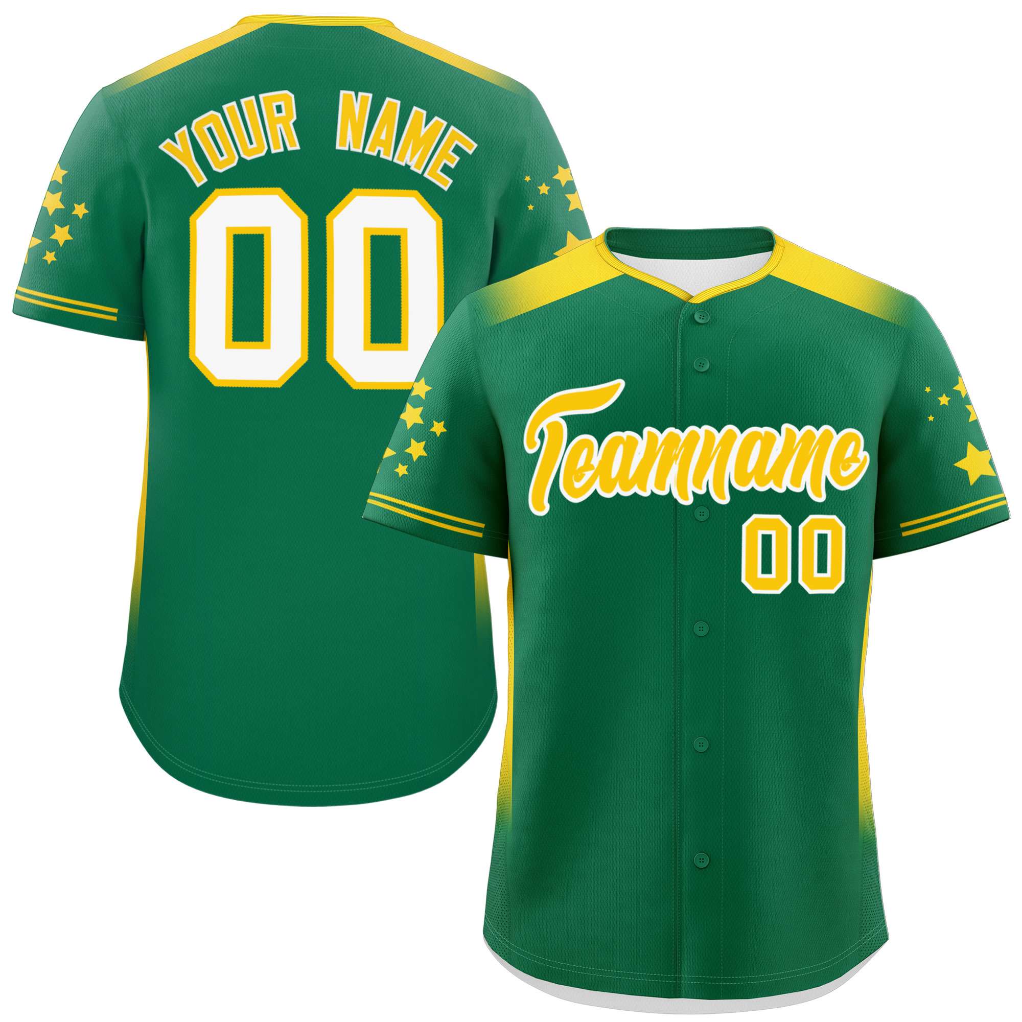 Custom Kelly Green Gold Gradient Side Personalized Star Pattern Authentic Baseball Jersey