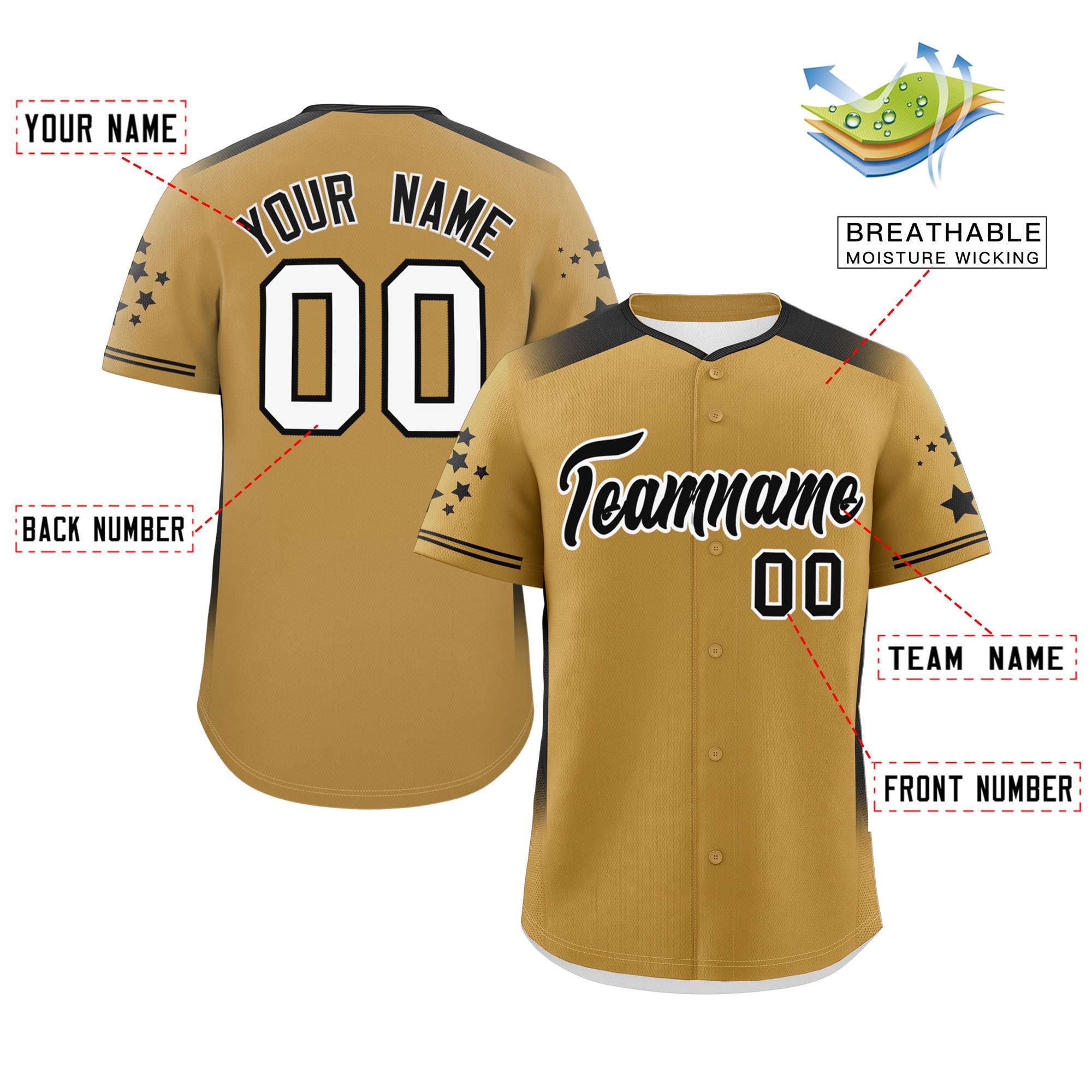 Custom Old Gold Black Gradient Side Personalized Star Pattern Authentic Baseball Jersey