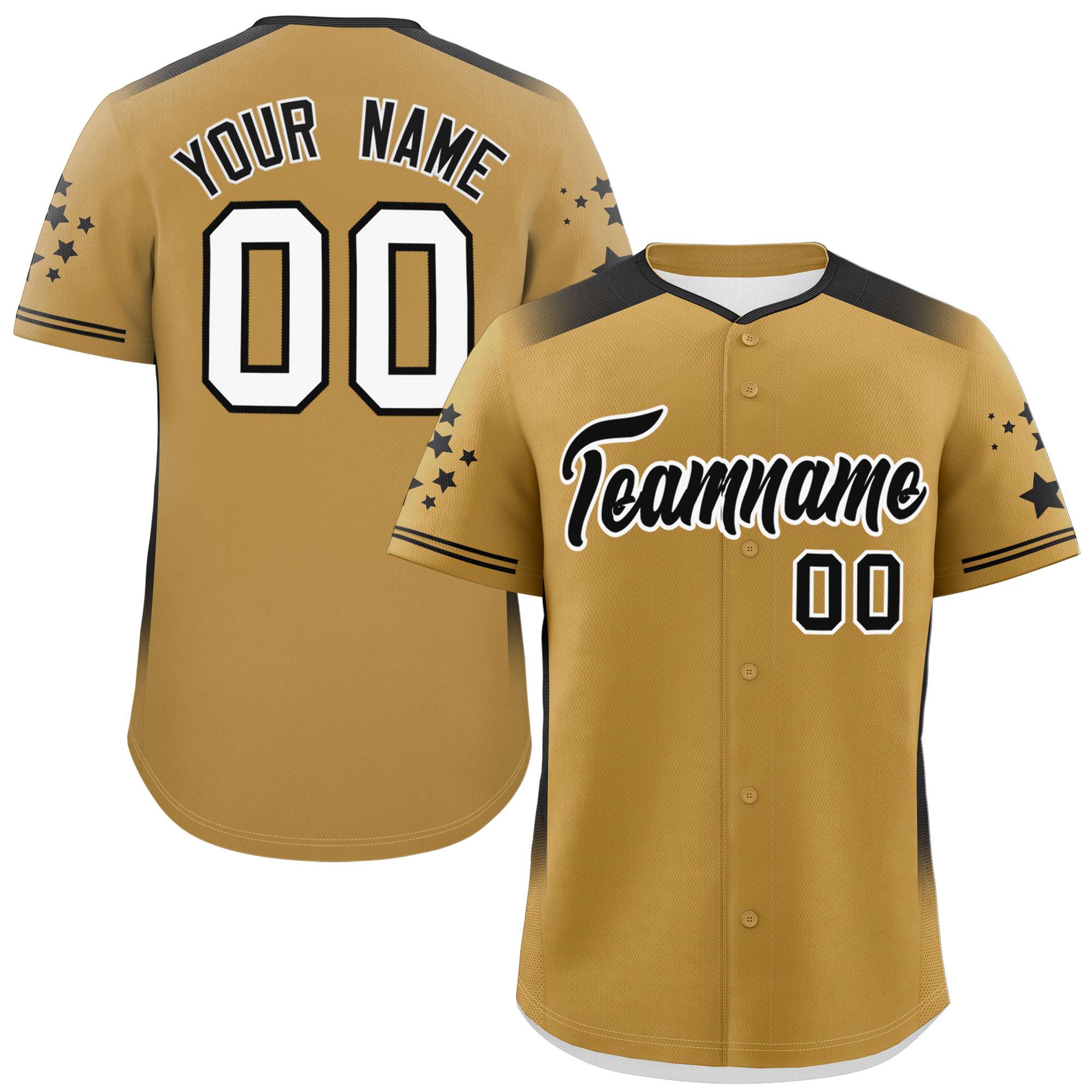 Custom Old Gold Black Gradient Side Personalized Star Pattern Authentic Baseball Jersey