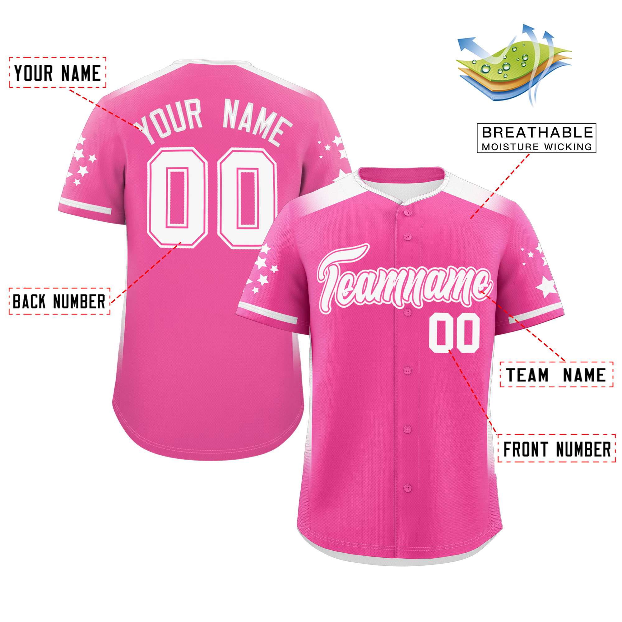 Custom Pink White Gradient Side Personalized Star Pattern Authentic Baseball Jersey