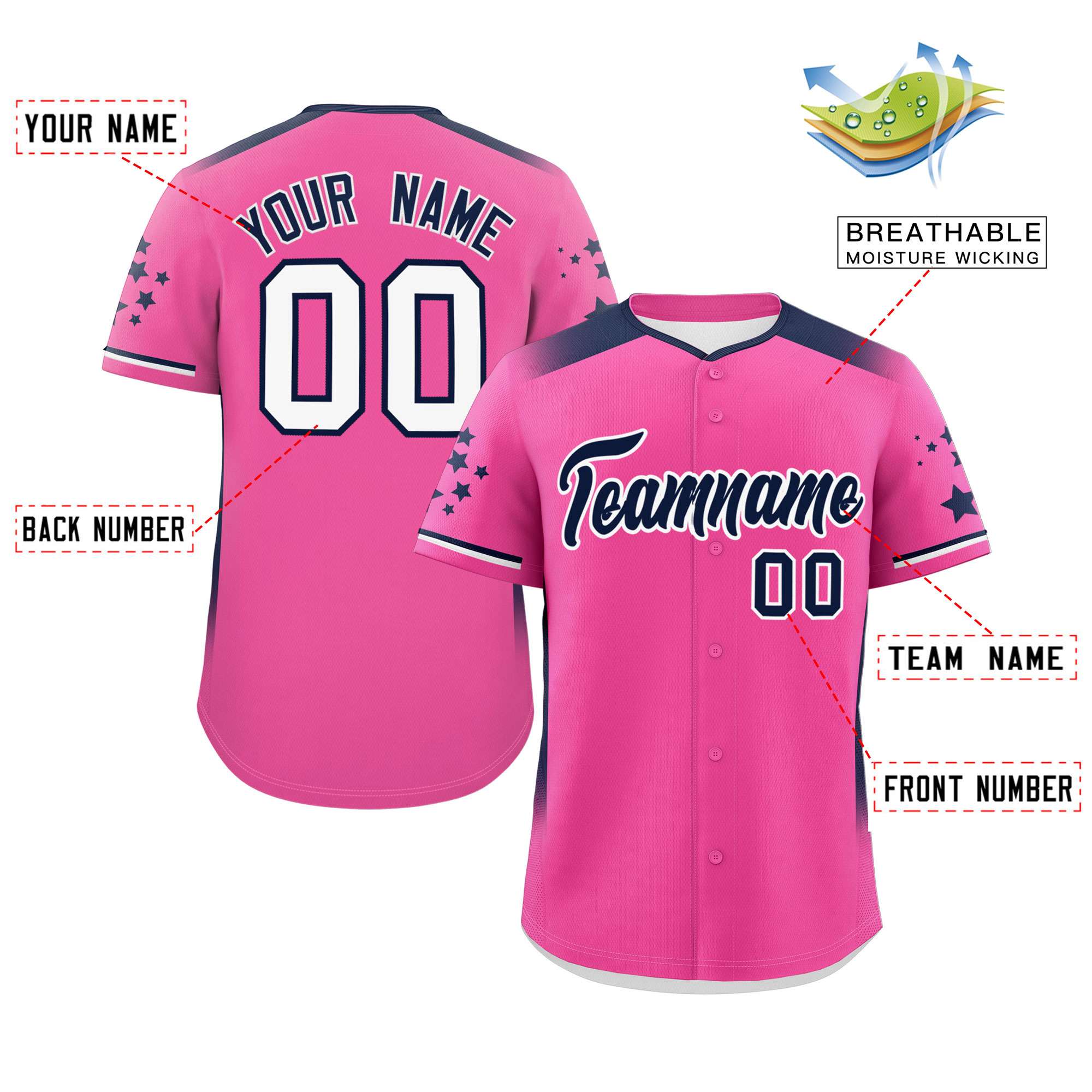 Custom Pink Navy Gradient Side Personalized Star Pattern Authentic Baseball Jersey