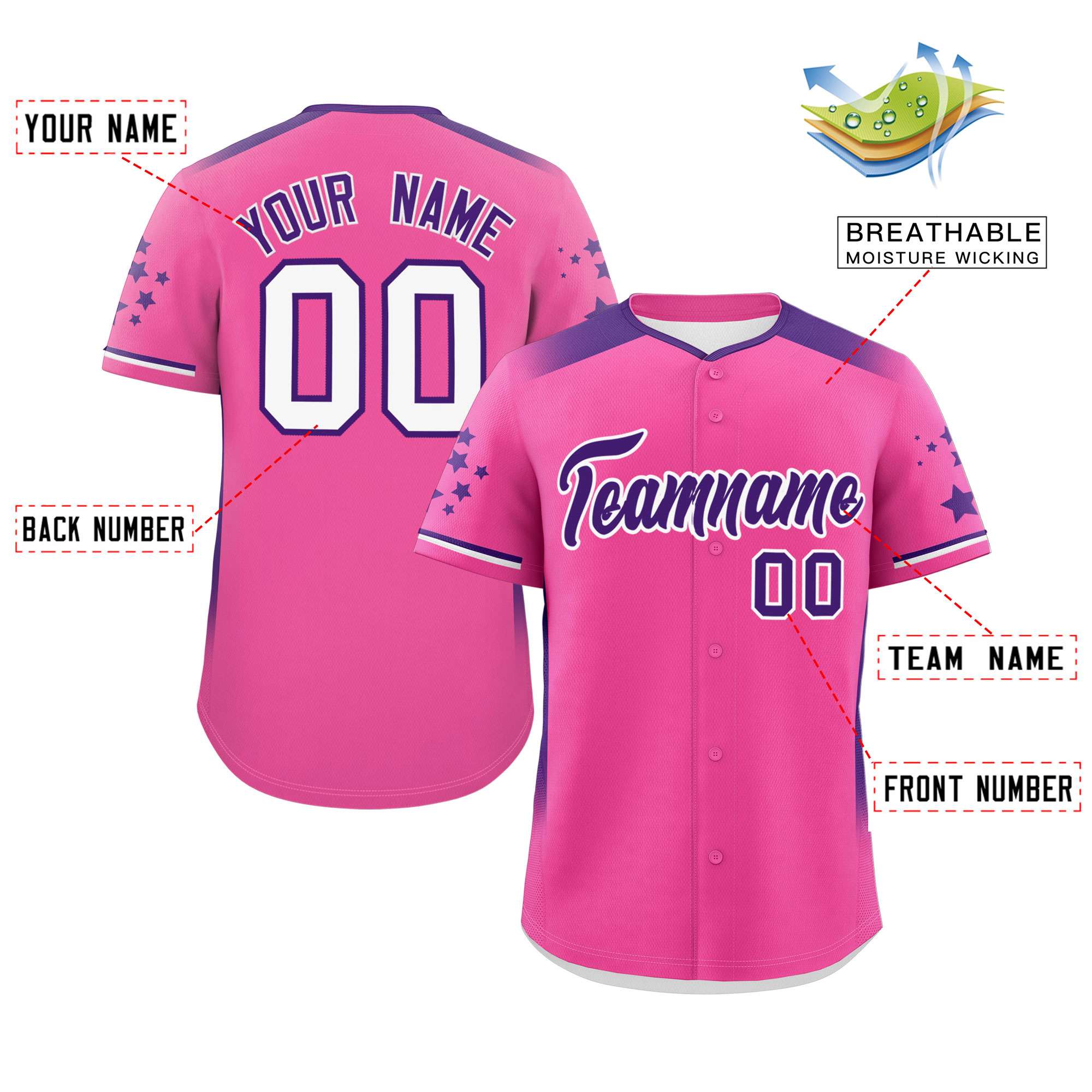 Custom Pink Purple Gradient Side Personalized Star Pattern Authentic Baseball Jersey