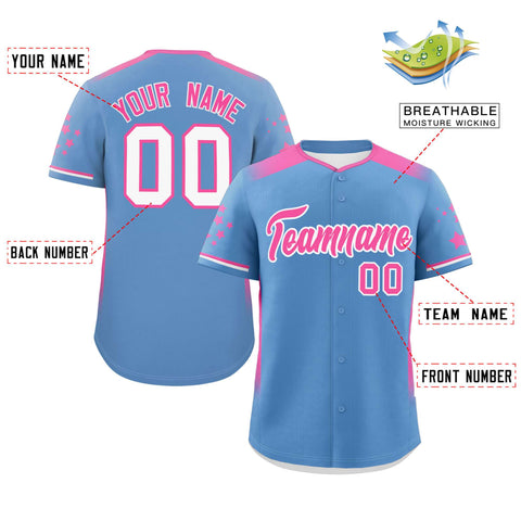 Custom Light Blue Pink Gradient Side Personalized Star Pattern Authentic Baseball Jersey