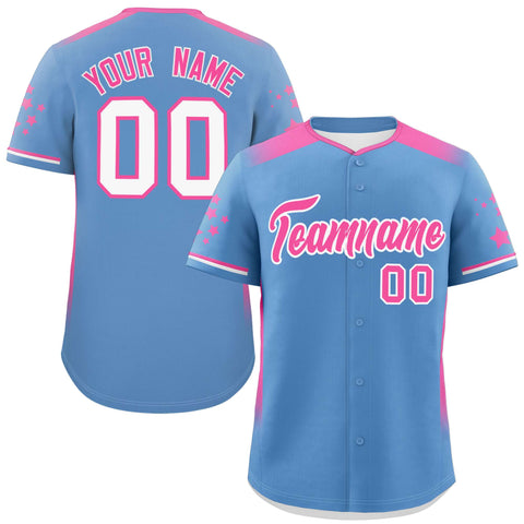 Custom Light Blue Pink Gradient Side Personalized Star Pattern Authentic Baseball Jersey