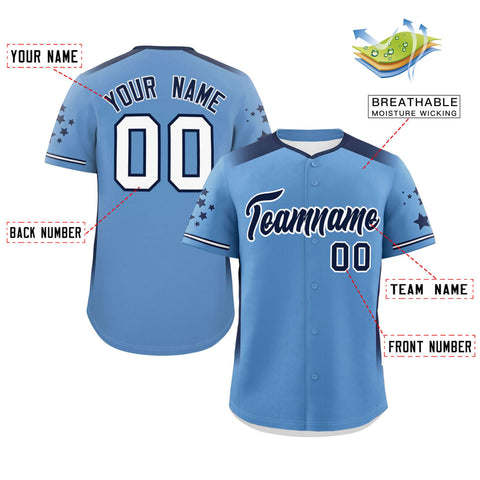 Custom Light Blue Navy Gradient Side Personalized Star Pattern Authentic Baseball Jersey