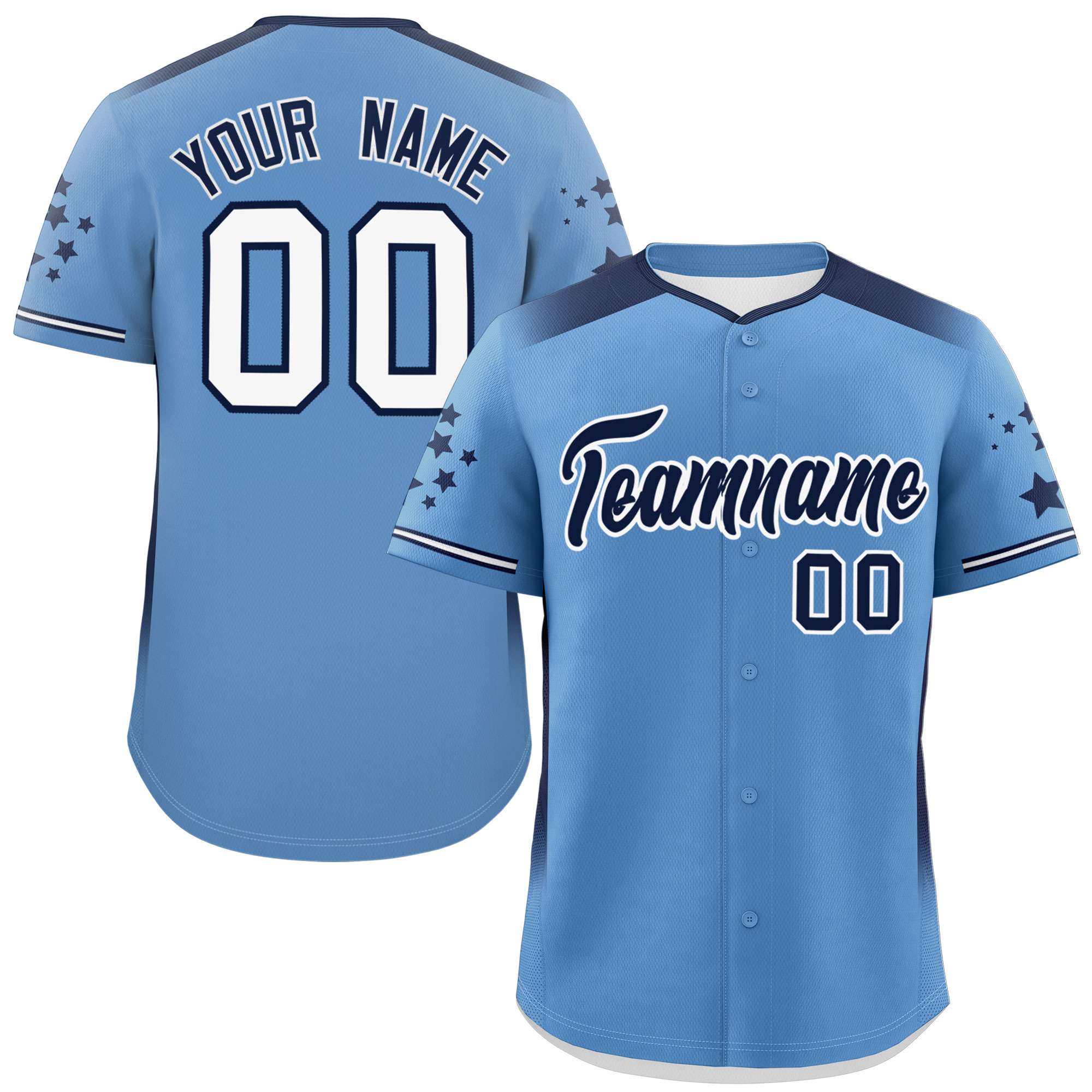 Custom Light Blue Navy Gradient Side Personalized Star Pattern Authentic Baseball Jersey