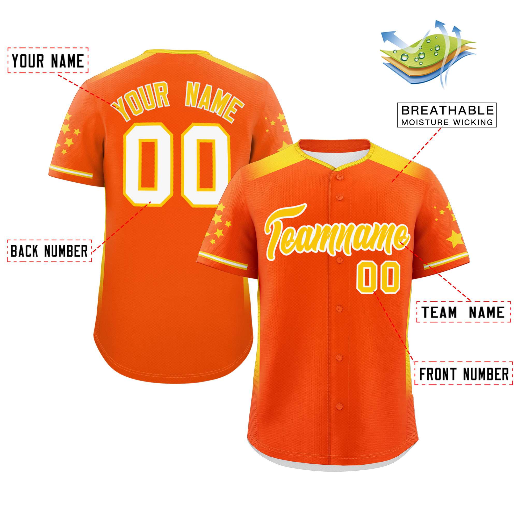 Custom Orange Gold Gradient Side Personalized Star Pattern Authentic Baseball Jersey