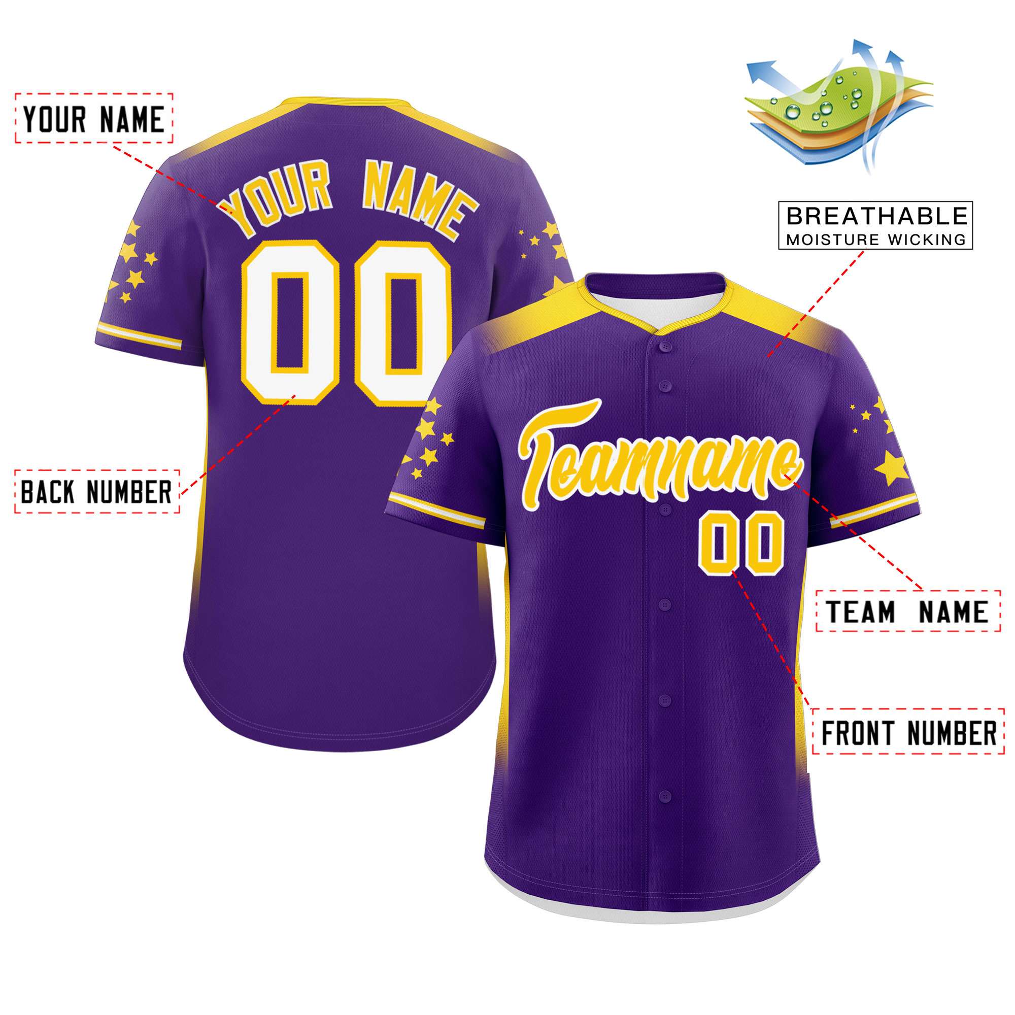 Custom Purple Gold Gradient Side Personalized Star Pattern Authentic Baseball Jersey