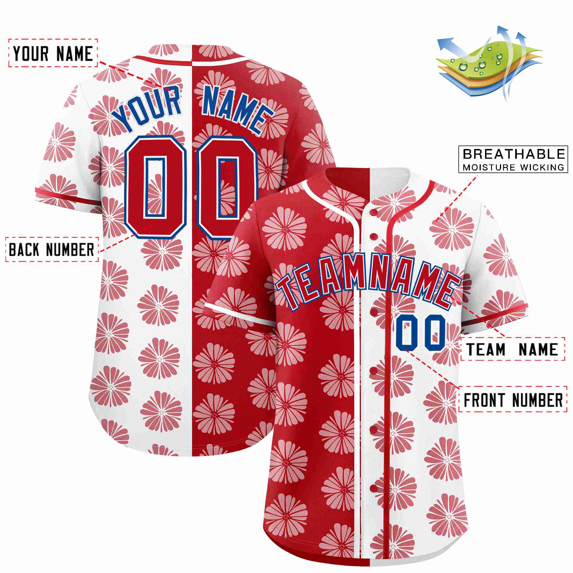 Custom Red White Split Fashion Flower Graffiti Pattern Authentic Baseball Jersey