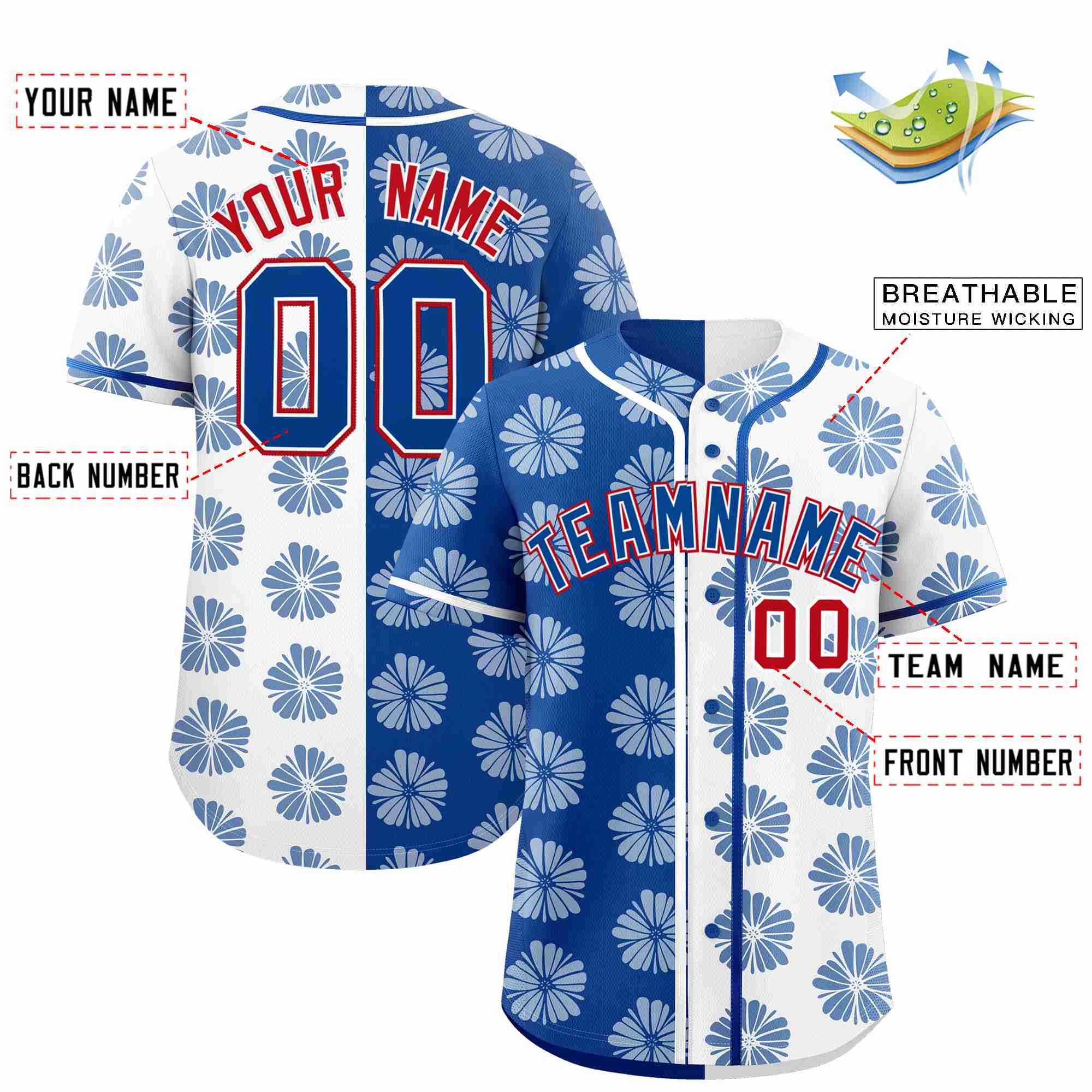 Custom Royal White Split Fashion Flower Graffiti Pattern Authentic Baseball Jersey