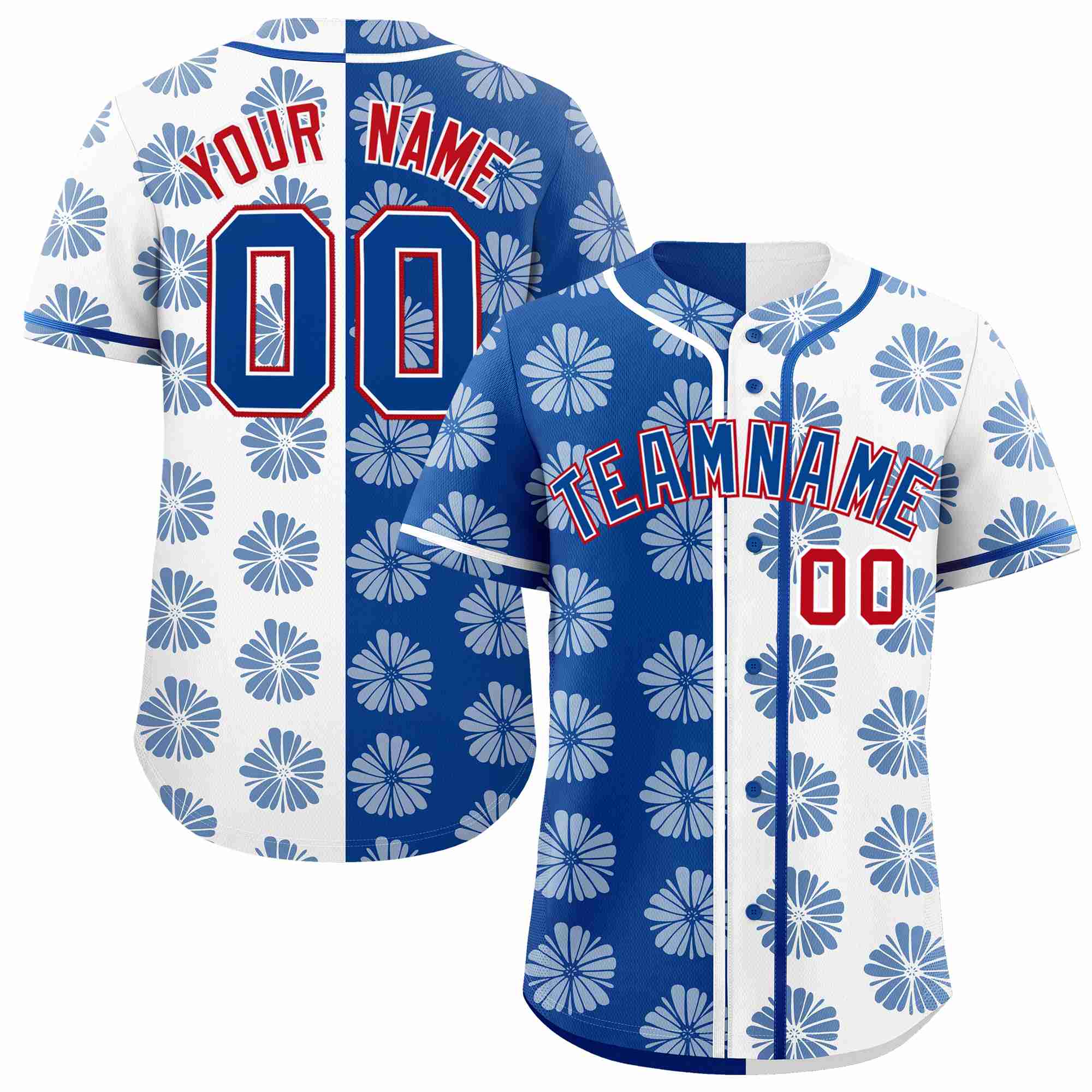 Custom Royal White Split Fashion Flower Graffiti Pattern Authentic Baseball Jersey