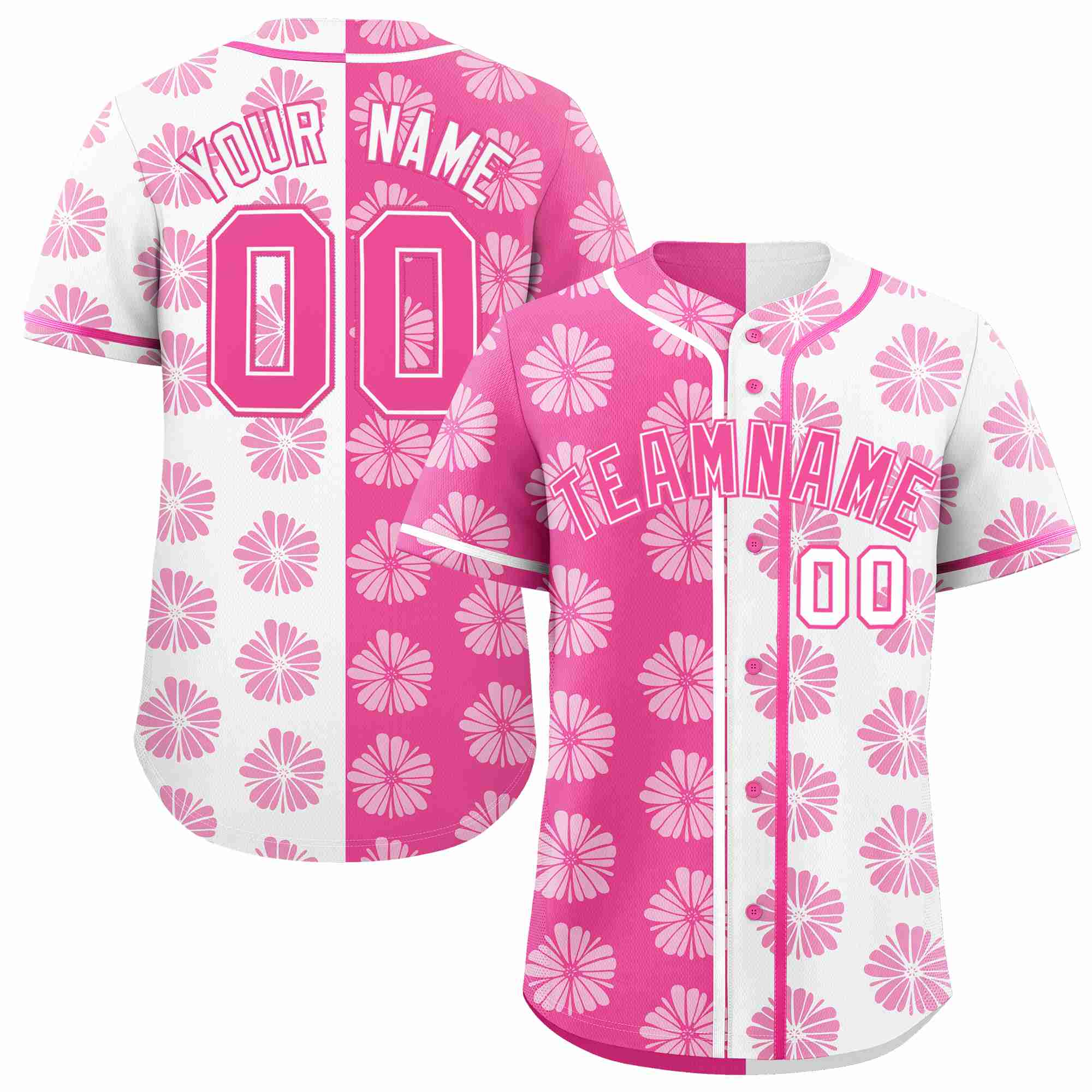 Custom Pink White Split Fashion Flower Graffiti Pattern Authentic Baseball Jersey