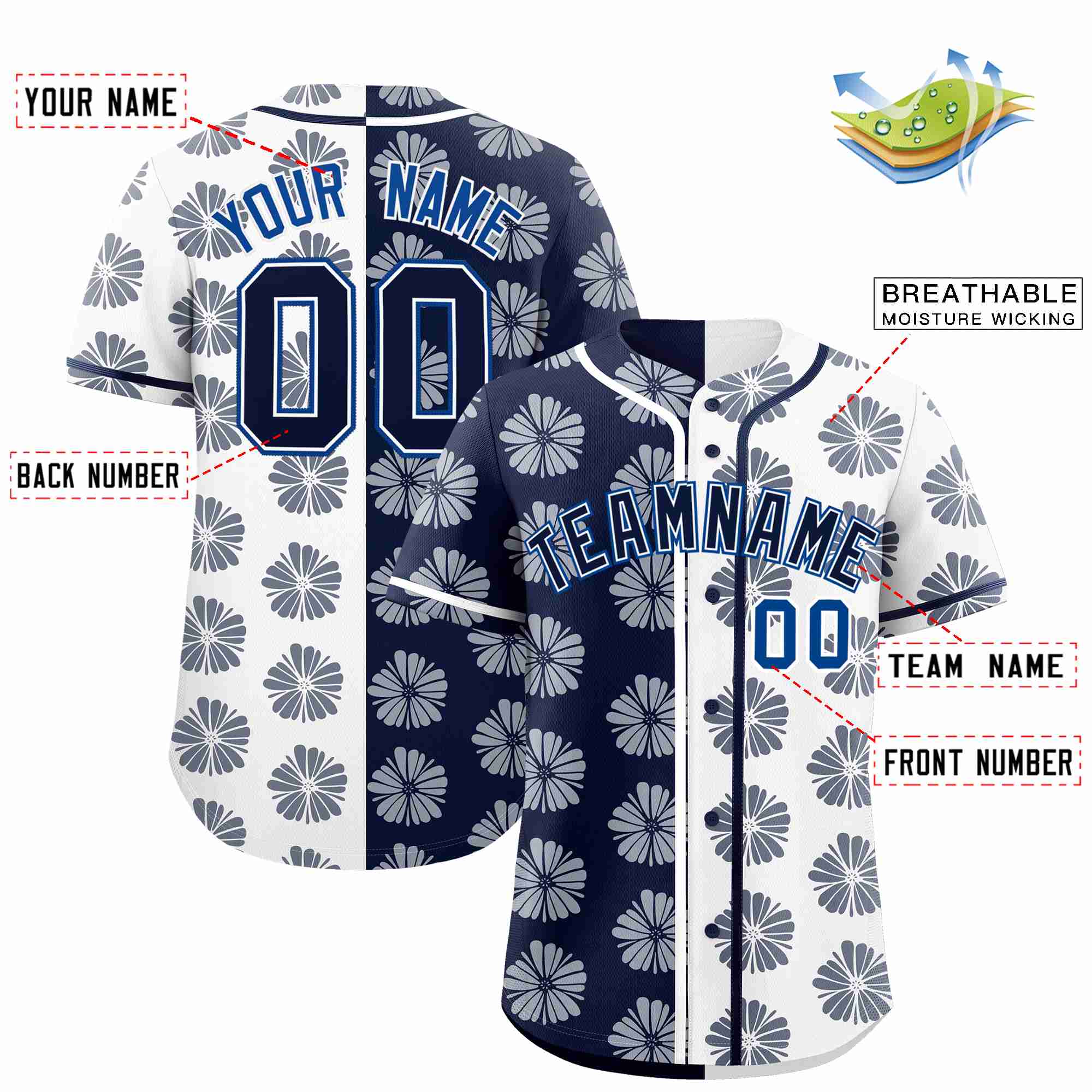 Custom Navy White Split Fashion Flower Graffiti Pattern Authentic Baseball Jersey