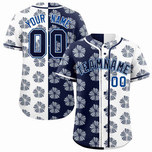 Custom Navy White Split Fashion Flower Graffiti Pattern Authentic Baseball Jersey