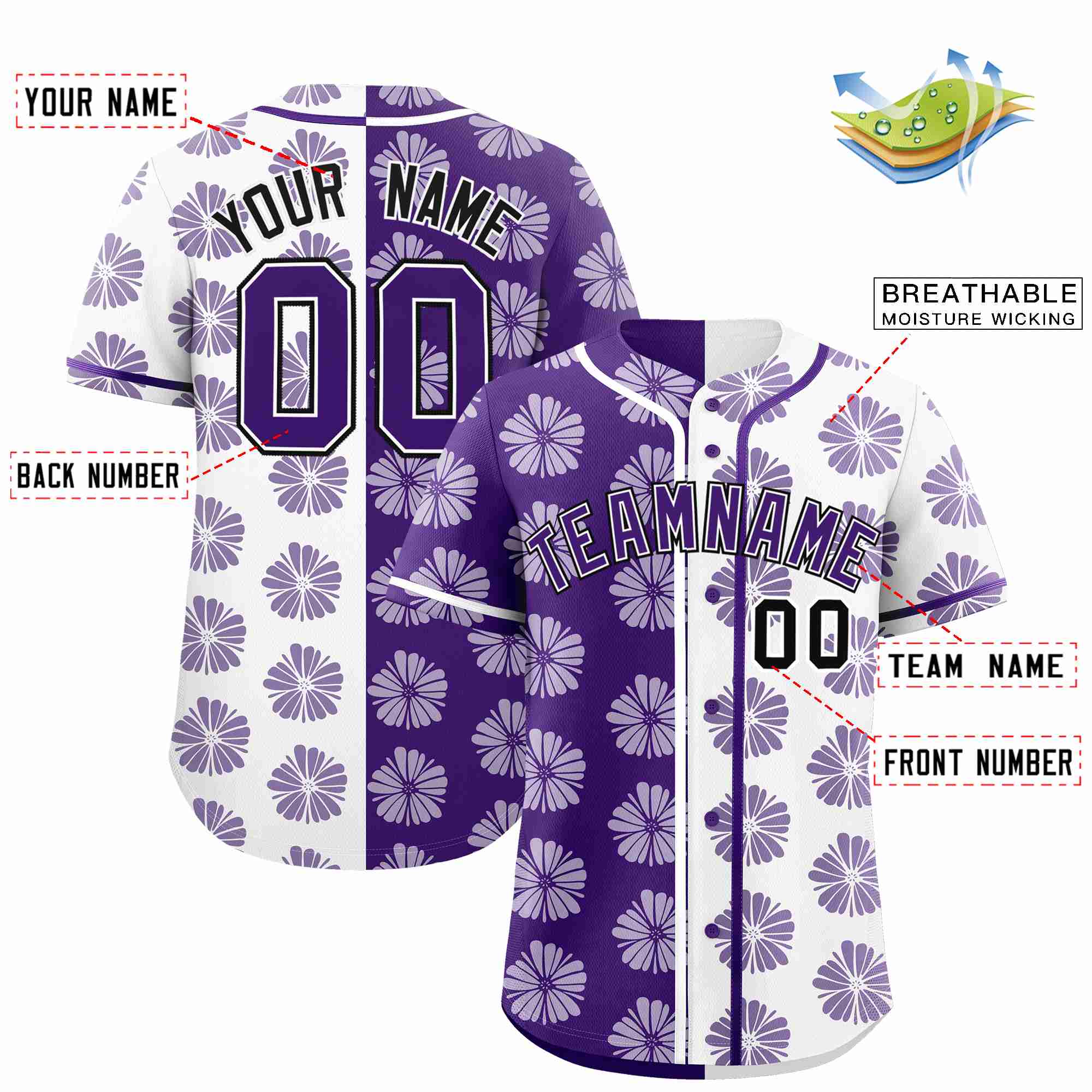 Custom Purple White Split Fashion Flower Graffiti Pattern Authentic Baseball Jersey