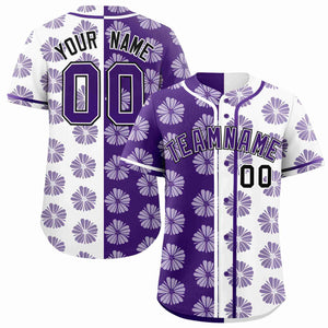 Custom Purple White Split Fashion Flower Graffiti Pattern Authentic Baseball Jersey