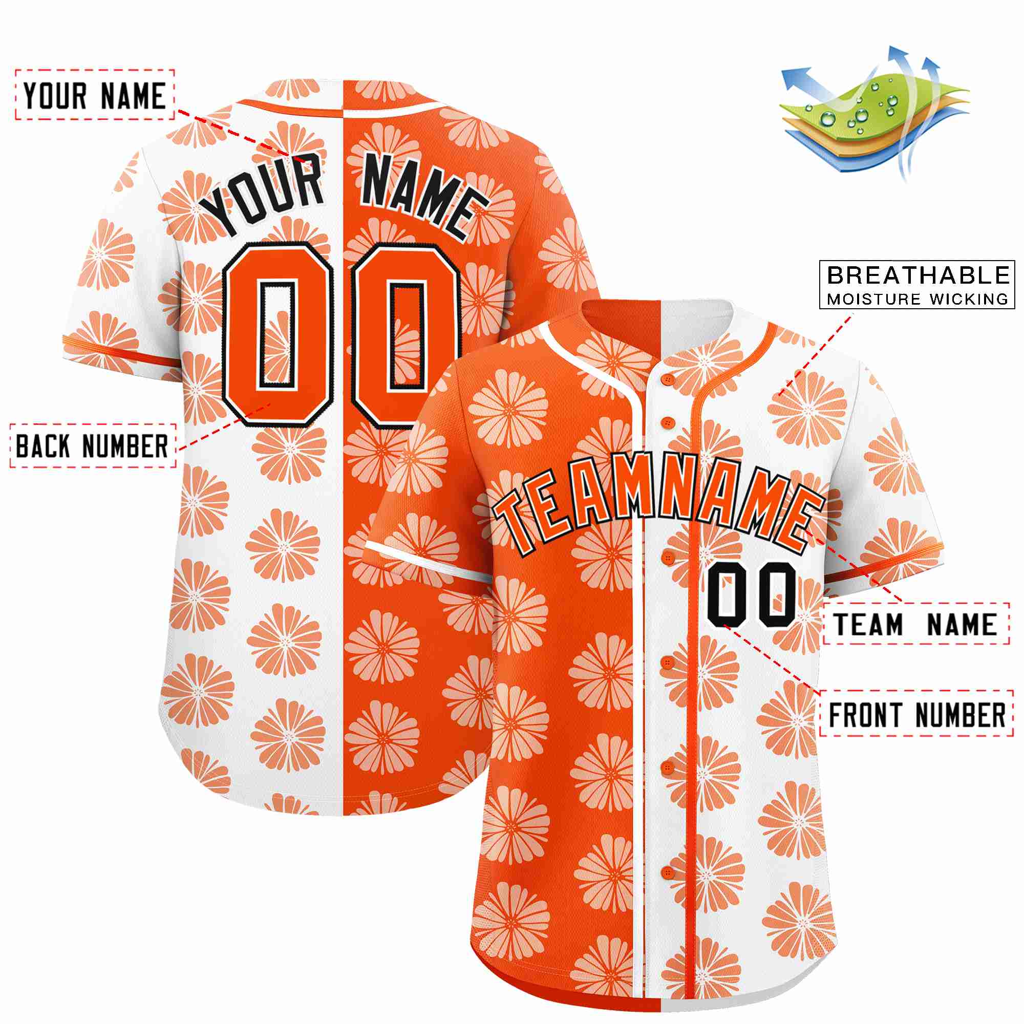 Custom Orange White Split Fashion Flower Graffiti Pattern Authentic Baseball Jersey