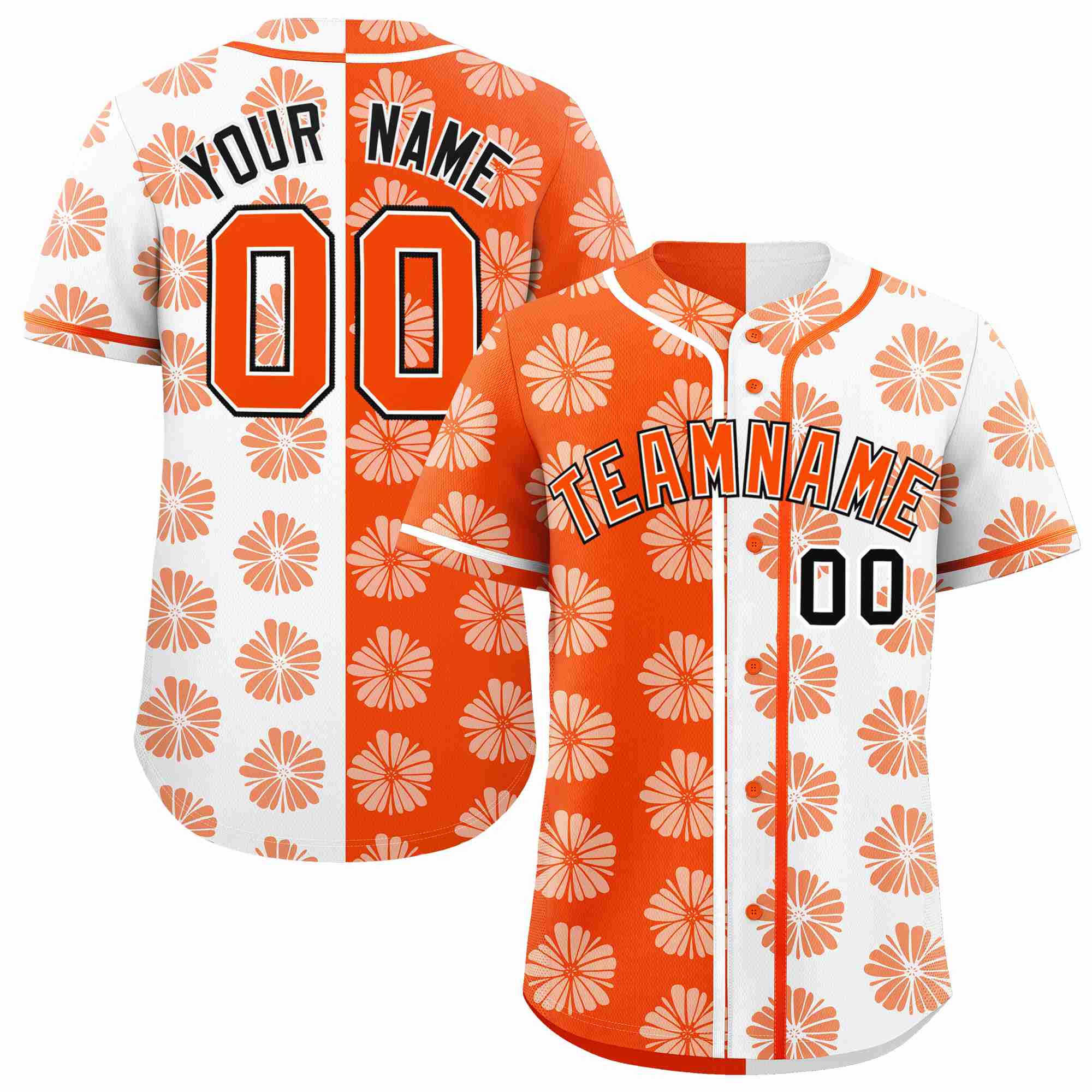 Custom Orange White Split Fashion Flower Graffiti Pattern Authentic Baseball Jersey