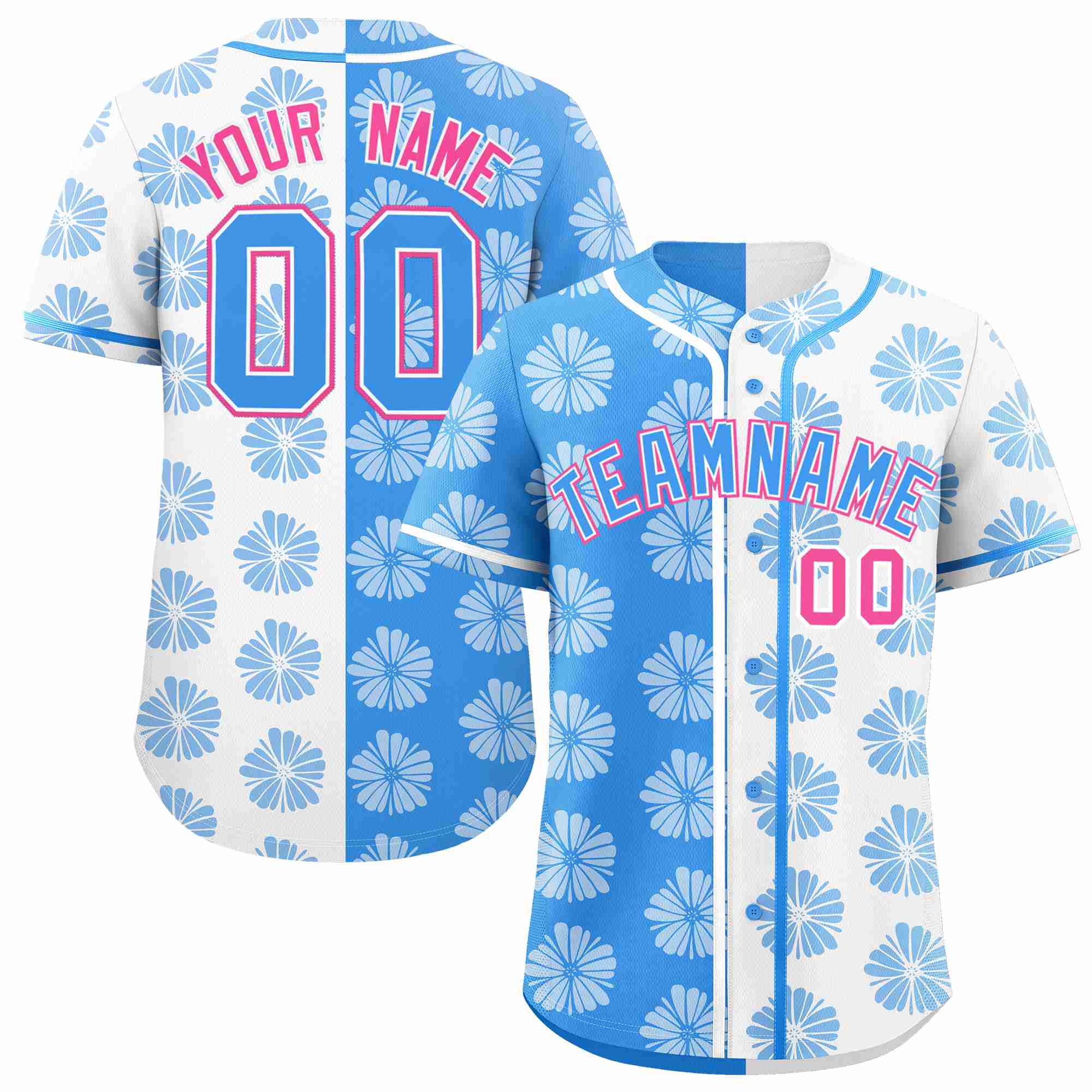 Custom Powder Blue White Split Fashion Flower Graffiti Pattern Authentic Baseball Jersey