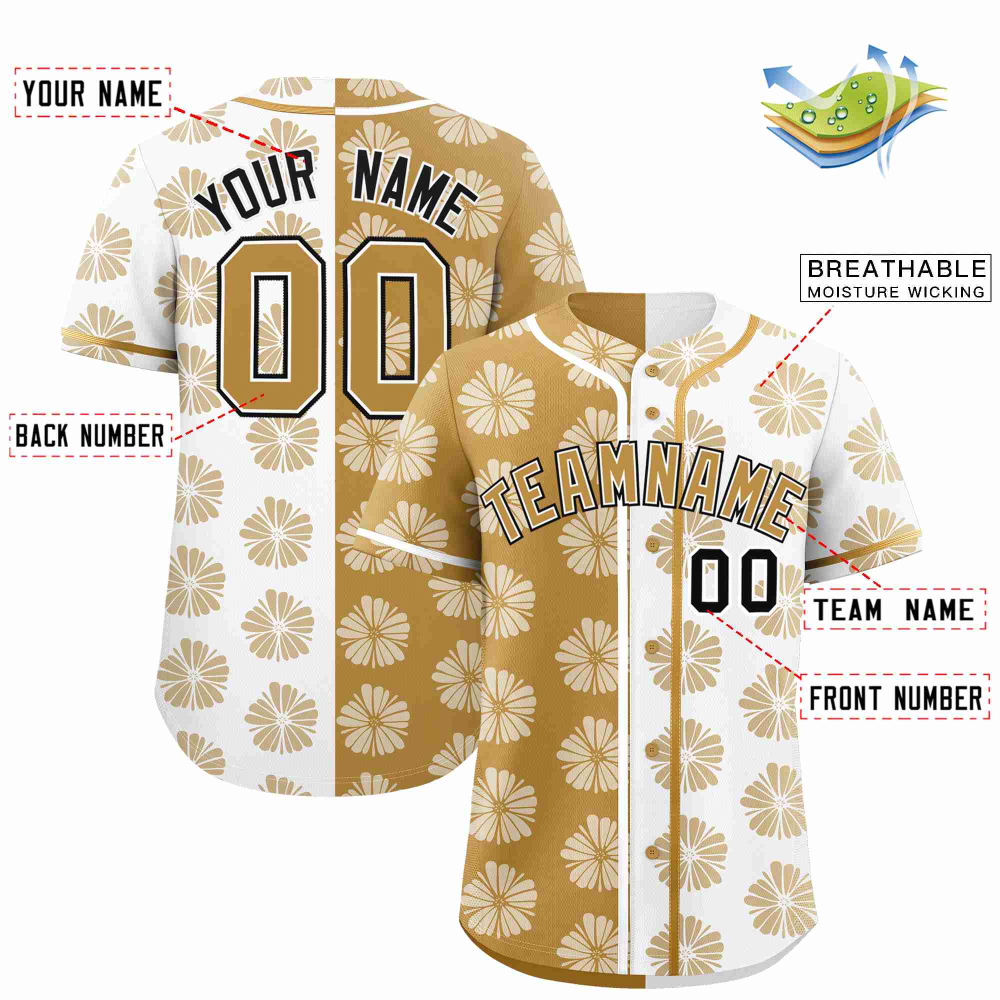 Custom Old Gold White Split Fashion Flower Graffiti Pattern Authentic Baseball Jersey