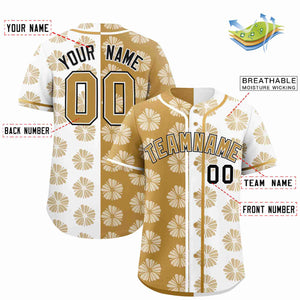 Custom Old Gold White Split Fashion Flower Graffiti Pattern Authentic Baseball Jersey