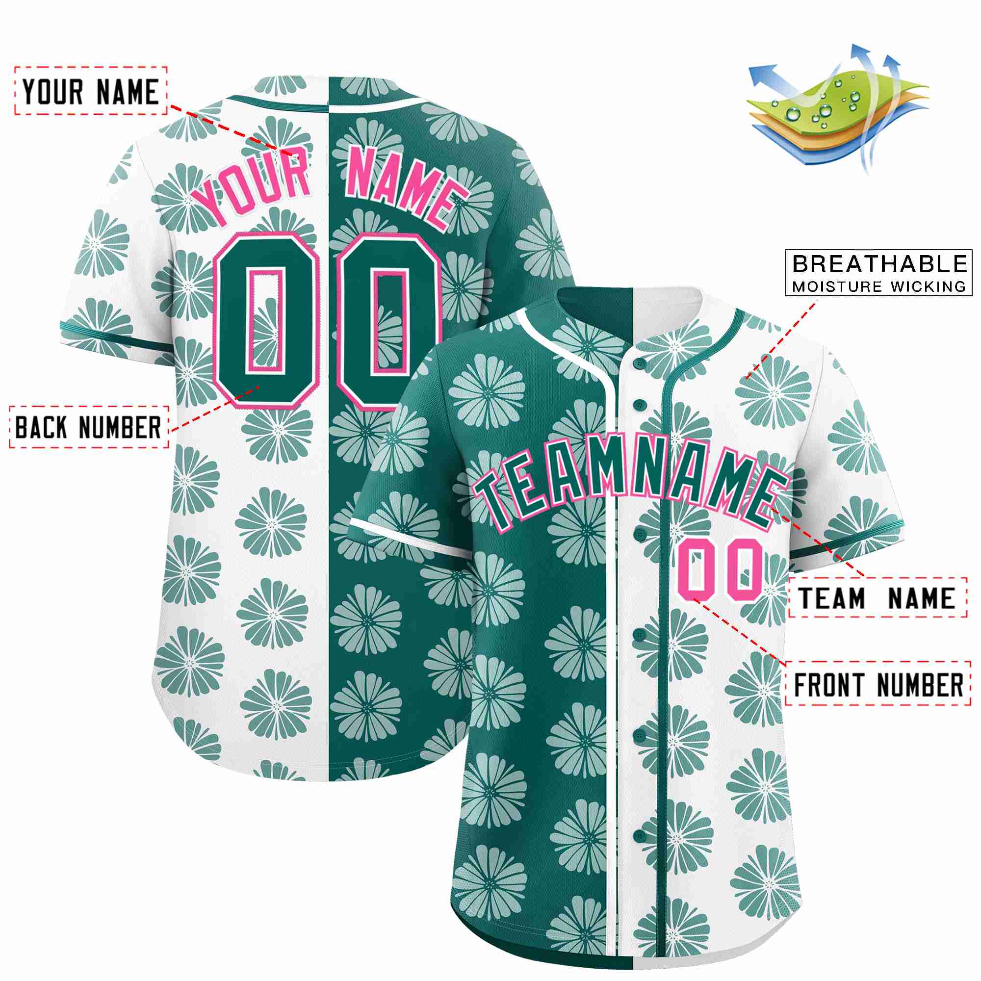 Custom Aqua White Split Fashion Flower Graffiti Pattern Authentic Baseball Jersey