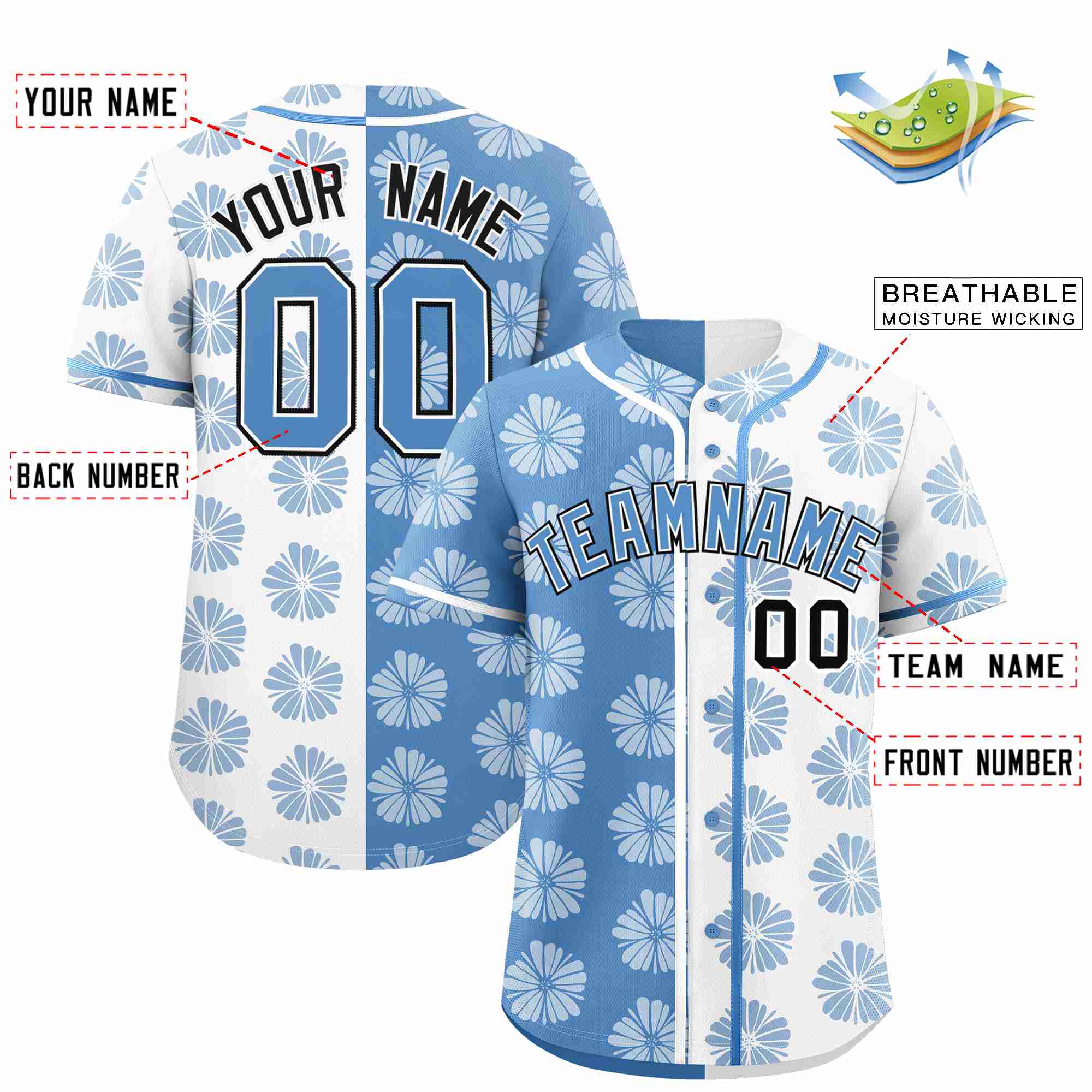 Custom Light Blue White Split Fashion Flower Graffiti Pattern Authentic Baseball Jersey