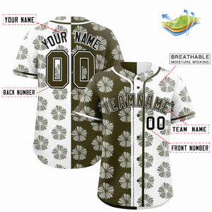 Custom Olive White Split Fashion Flower Graffiti Pattern Authentic Baseball Jersey