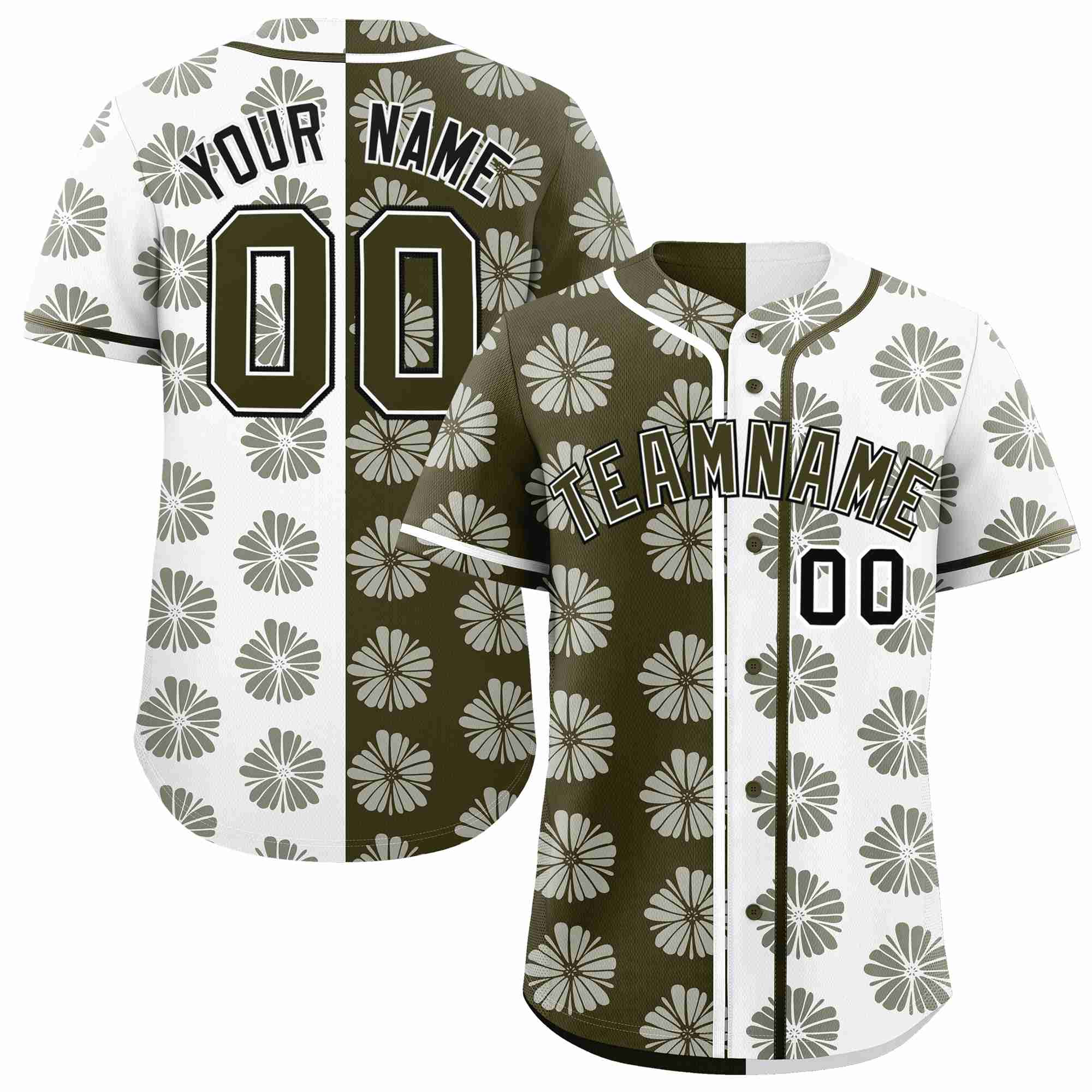 Custom Olive White Split Fashion Flower Graffiti Pattern Authentic Baseball Jersey