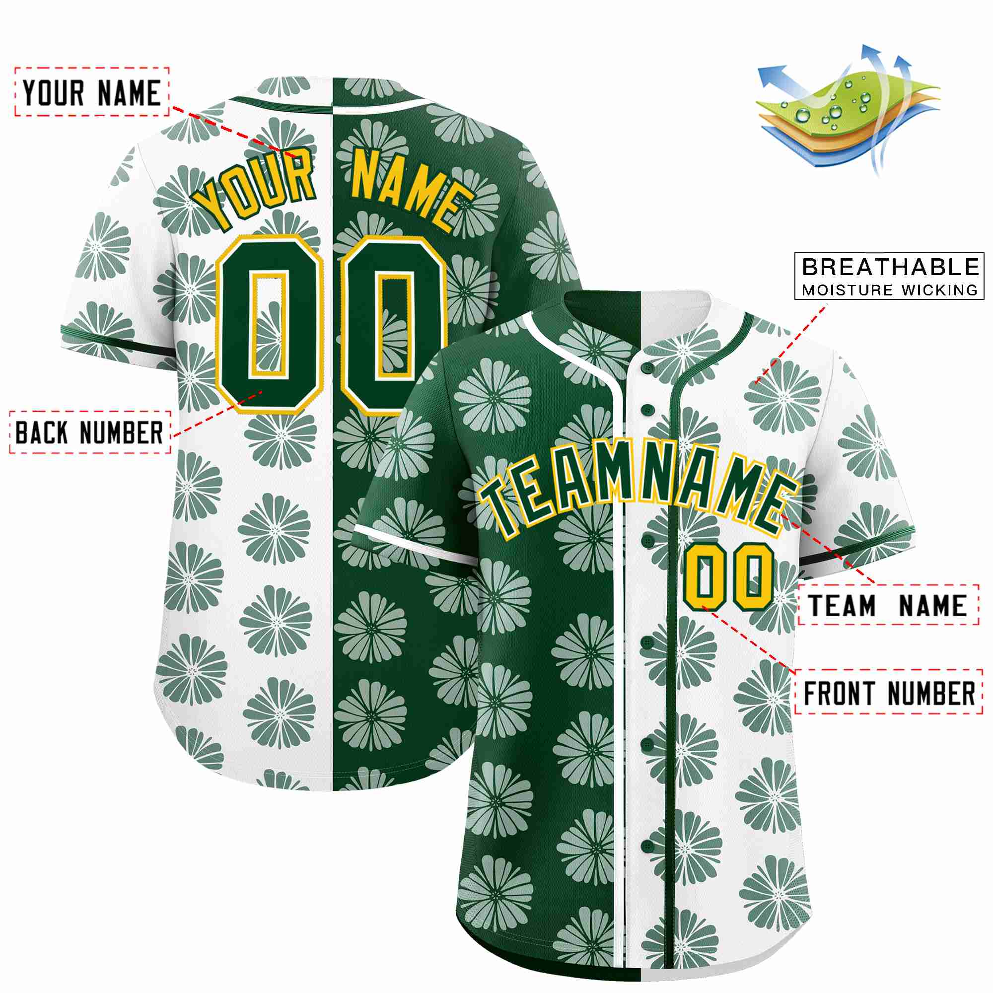 Custom Green White Split Fashion Flower Graffiti Pattern Authentic Baseball Jersey