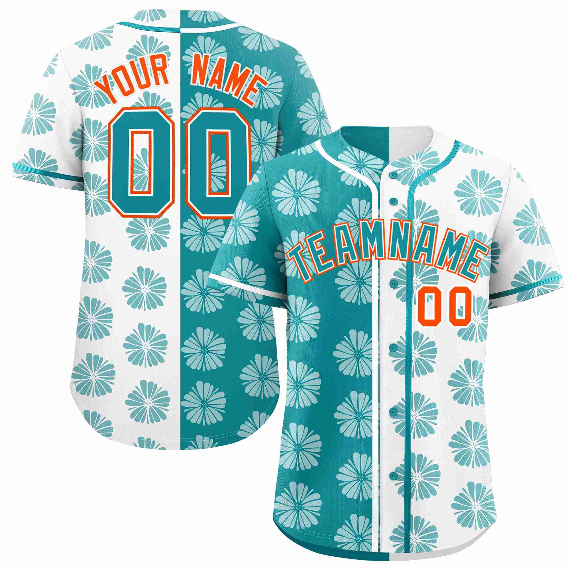 Custom Aqua White Split Fashion Flower Graffiti Pattern Authentic Baseball Jersey