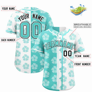 Custom Aqua White Split Fashion Flower Graffiti Pattern Authentic Baseball Jersey