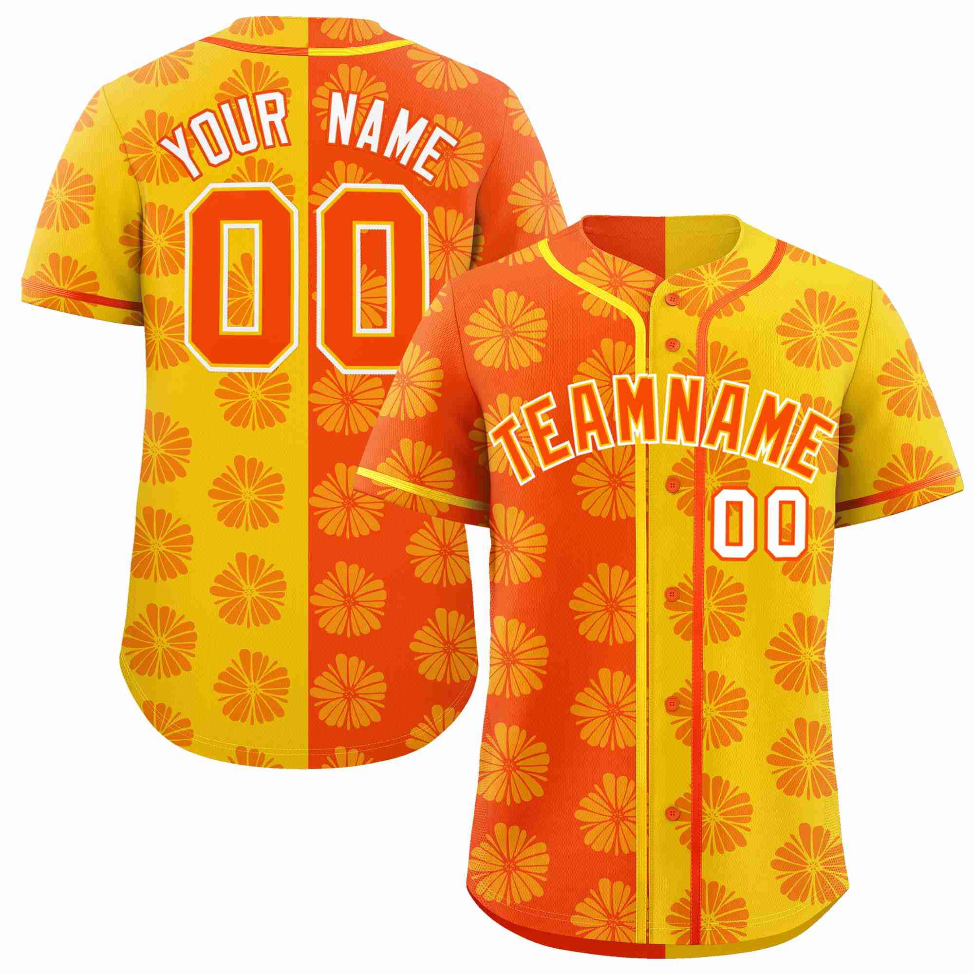 Custom Orange Gold Split Fashion Flower Graffiti Pattern Authentic Baseball Jersey