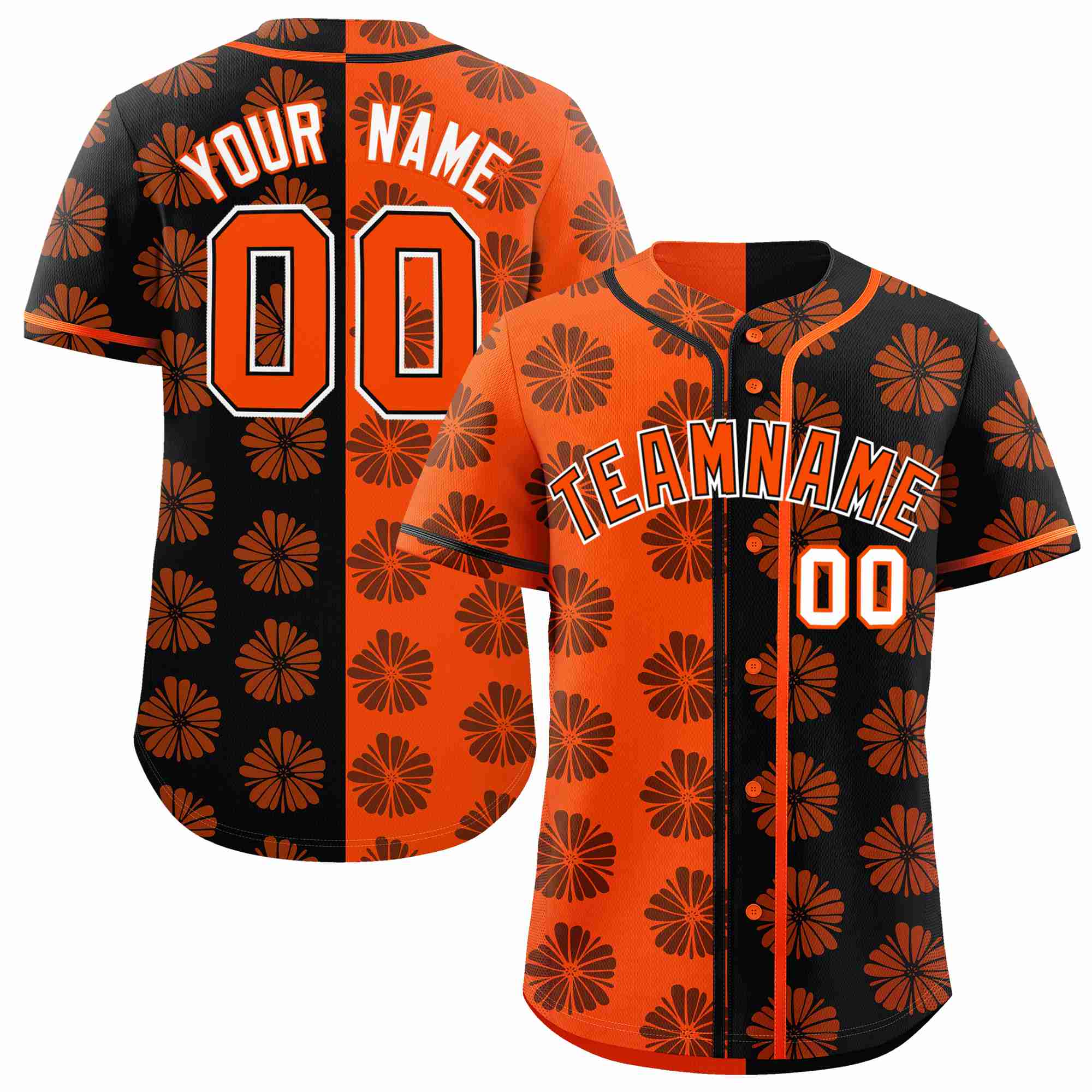 Custom Orange Black Split Fashion Flower Graffiti Pattern Authentic Baseball Jersey