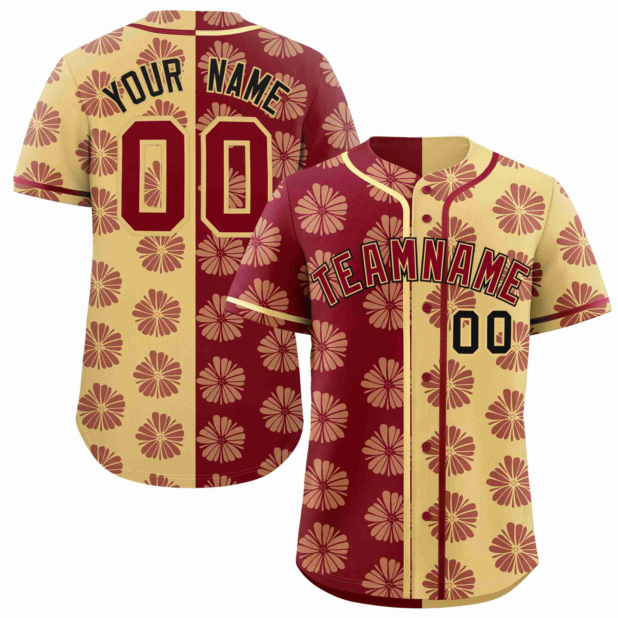 Custom Crimson Khaki Split Fashion Flower Graffiti Pattern Authentic Baseball Jersey