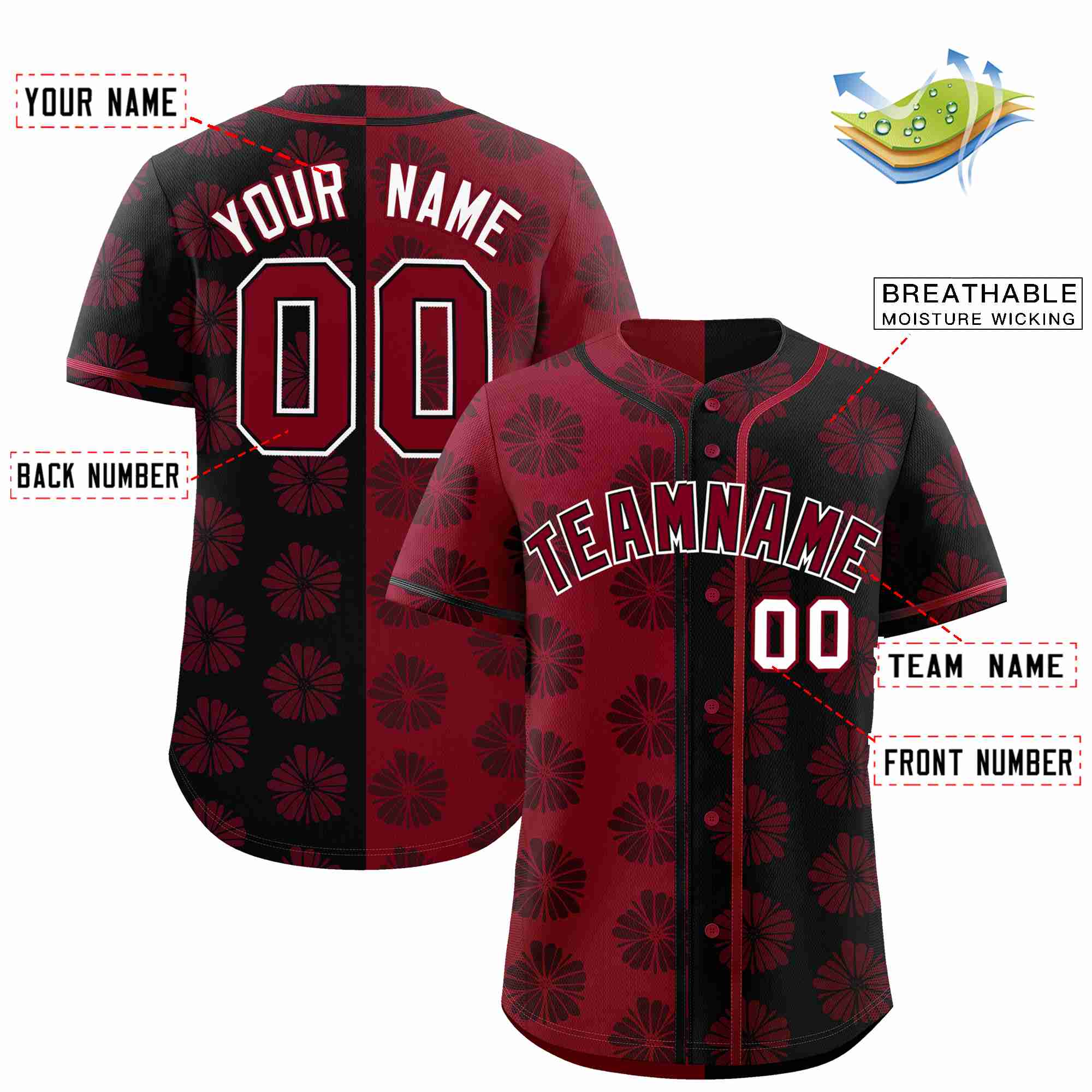 Custom Crimson Black Split Fashion Flower Graffiti Pattern Authentic Baseball Jersey