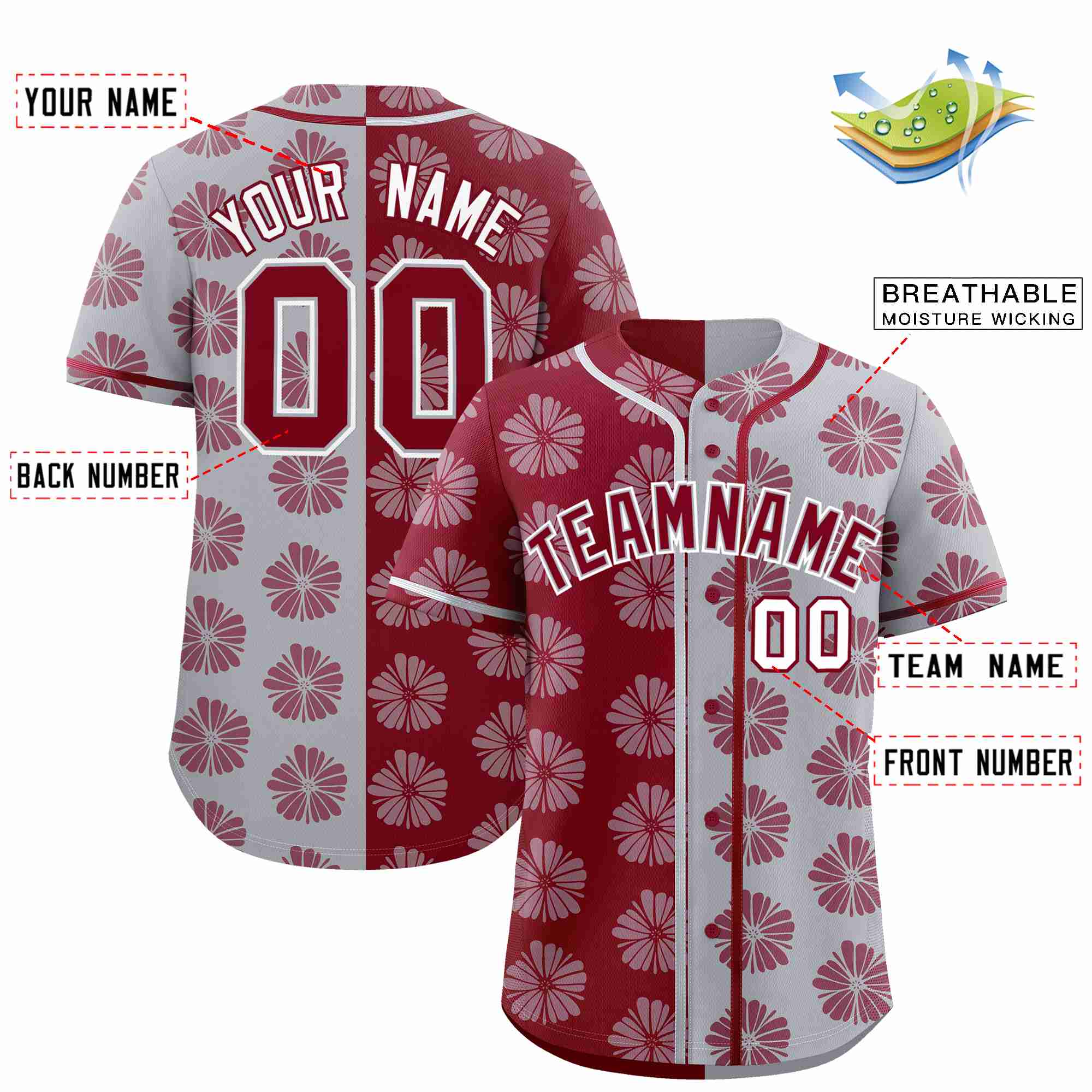 Custom Crimson Light Gray Split Fashion Flower Graffiti Pattern Authentic Baseball Jersey