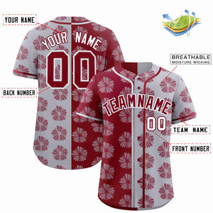 Custom Crimson Light Gray Split Fashion Flower Graffiti Pattern Authentic Baseball Jersey