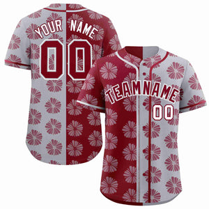 Custom Crimson Light Gray Split Fashion Flower Graffiti Pattern Authentic Baseball Jersey