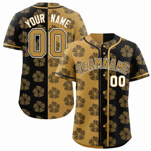 Custom Old Gold Black Split Fashion Flower Graffiti Pattern Authentic Baseball Jersey