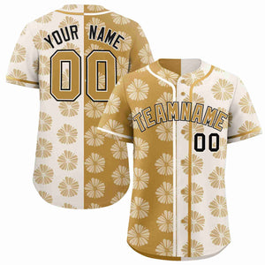 Custom Old Gold Cream Split Fashion Flower Graffiti Pattern Authentic Baseball Jersey