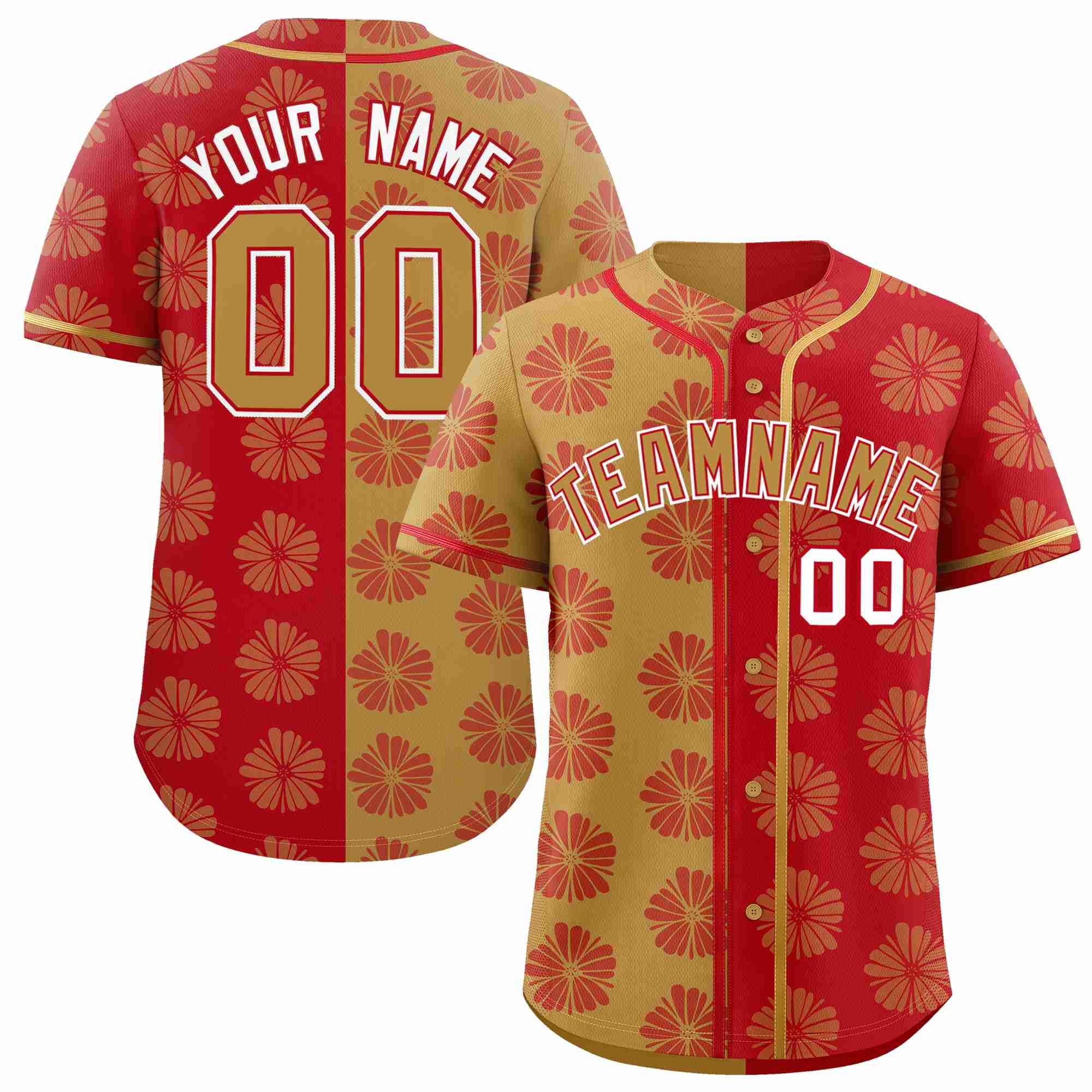 Custom Old Gold Red Split Fashion Flower Graffiti Pattern Authentic Baseball Jersey