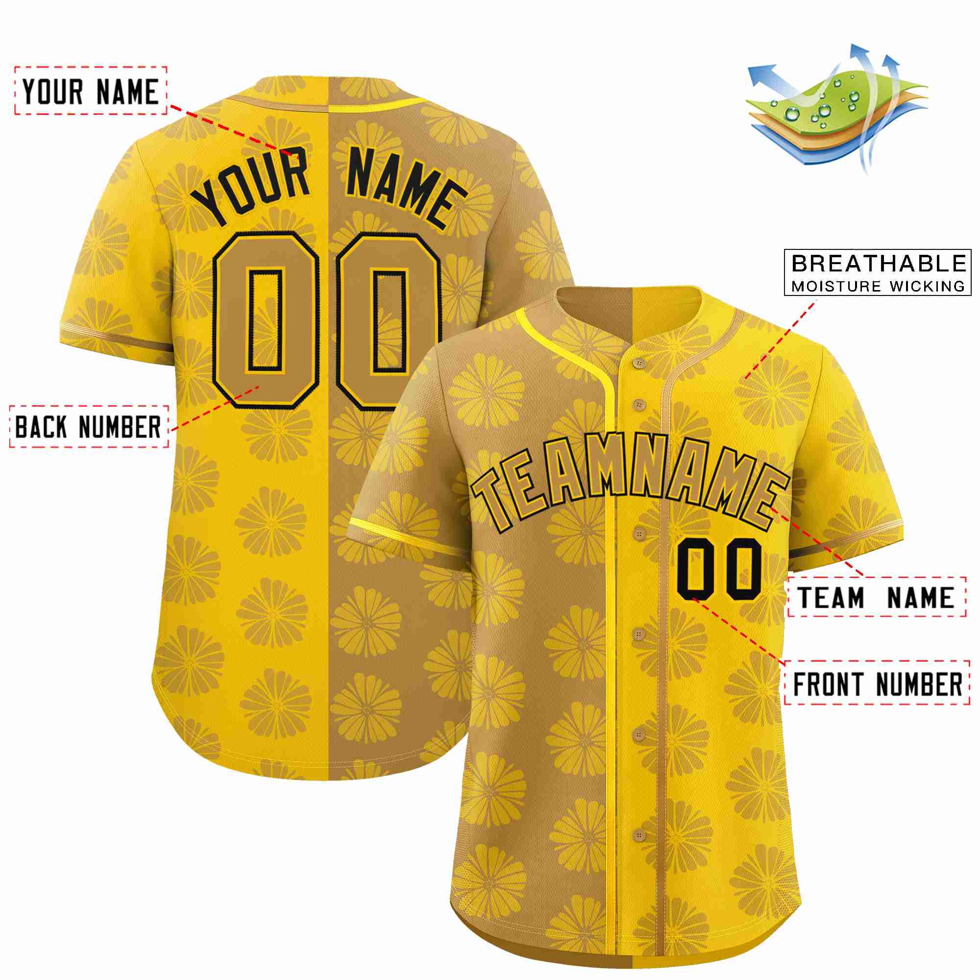 Custom Old Gold Gold Split Fashion Flower Graffiti Pattern Authentic Baseball Jersey